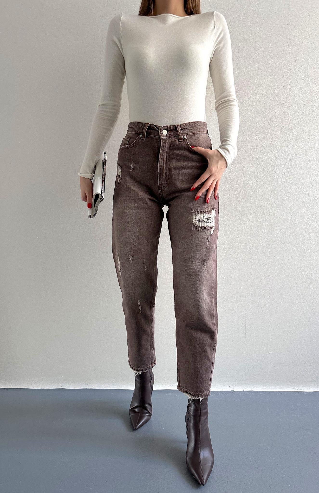 Yırtık Detaylı Denim Pantolon KAHVERENGİ