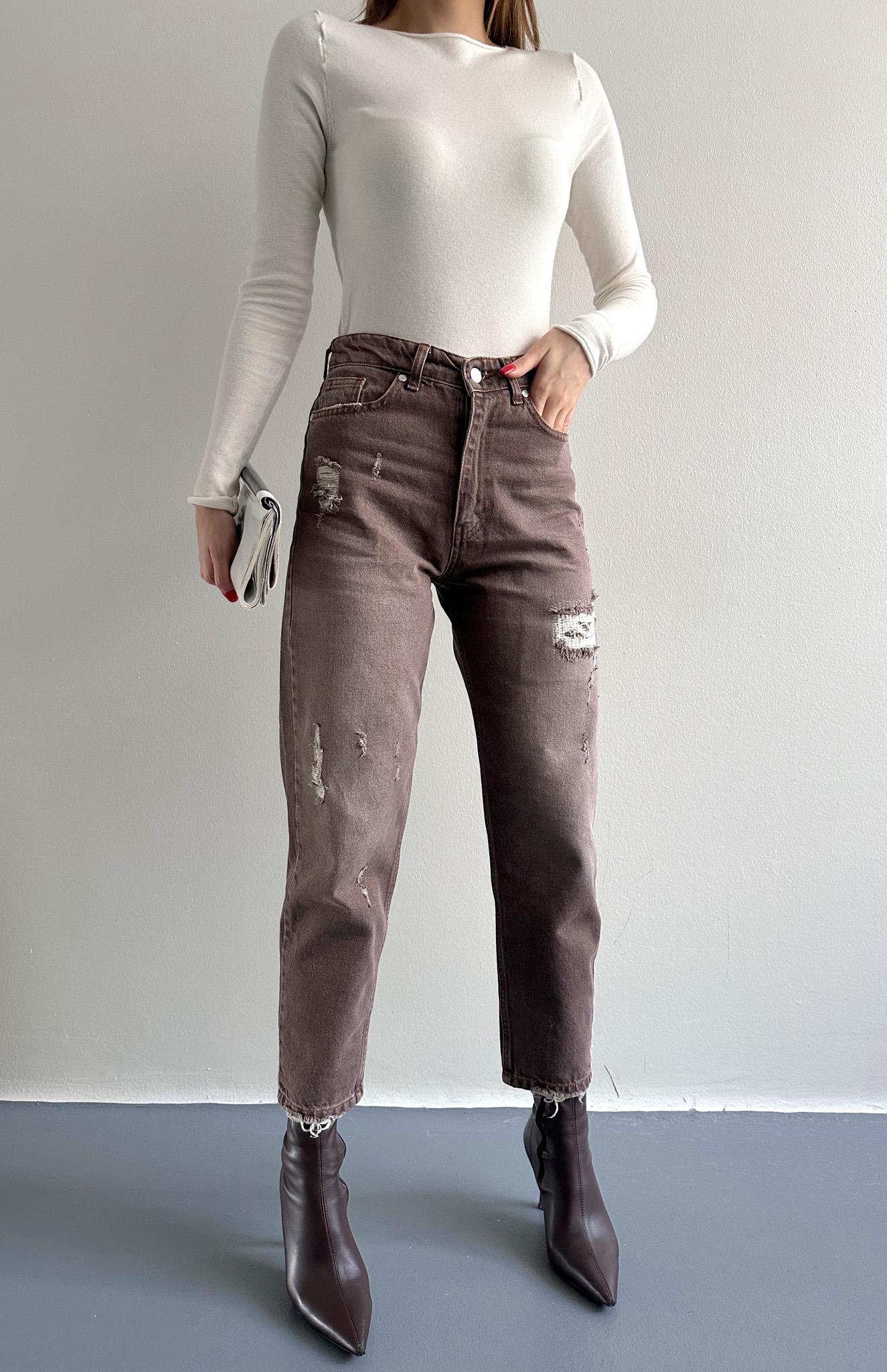 Yırtık Detaylı Denim Pantolon KAHVERENGİ