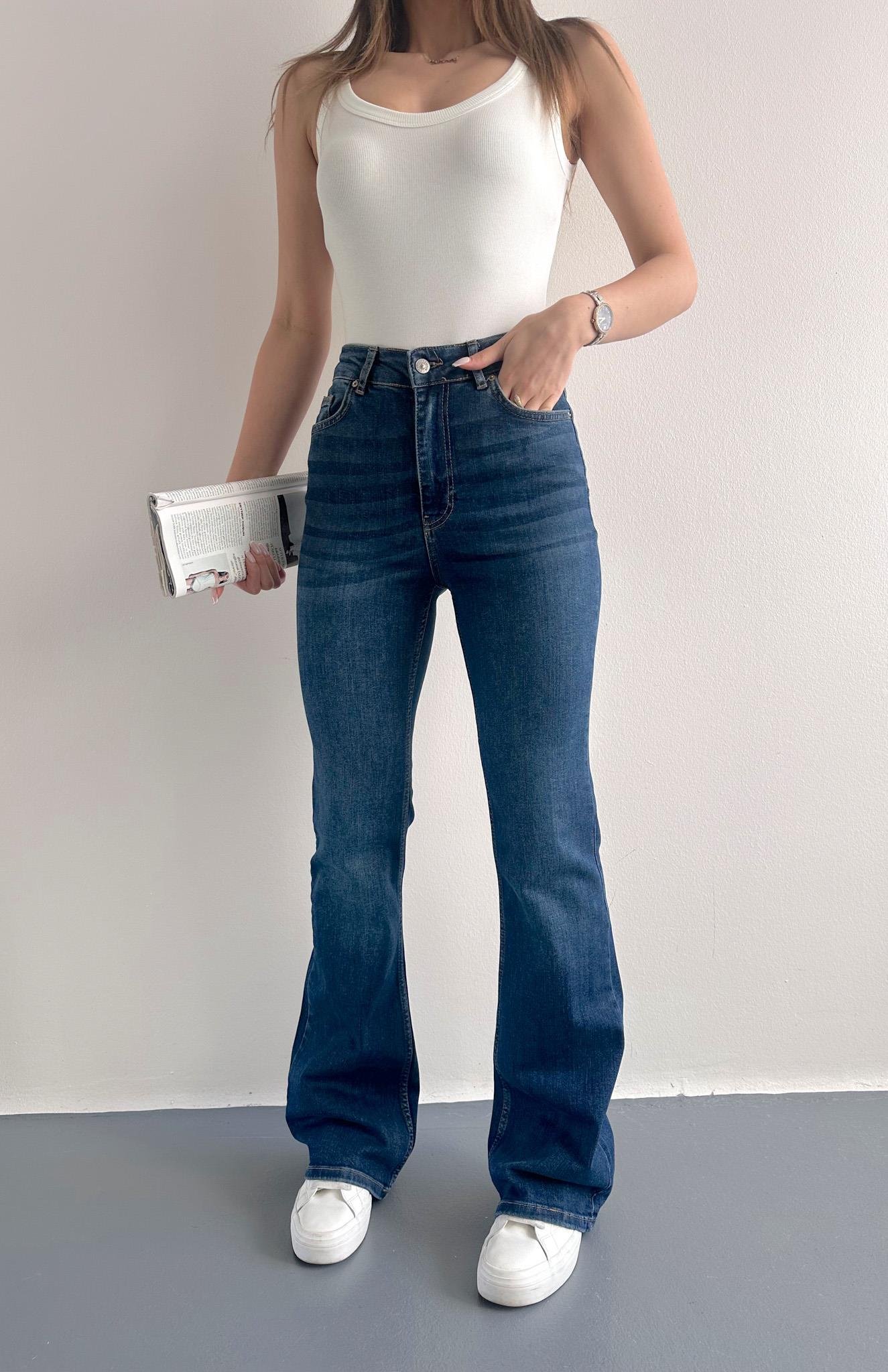 Yüksek Bel İspayol Paça Pantolon MAVİ