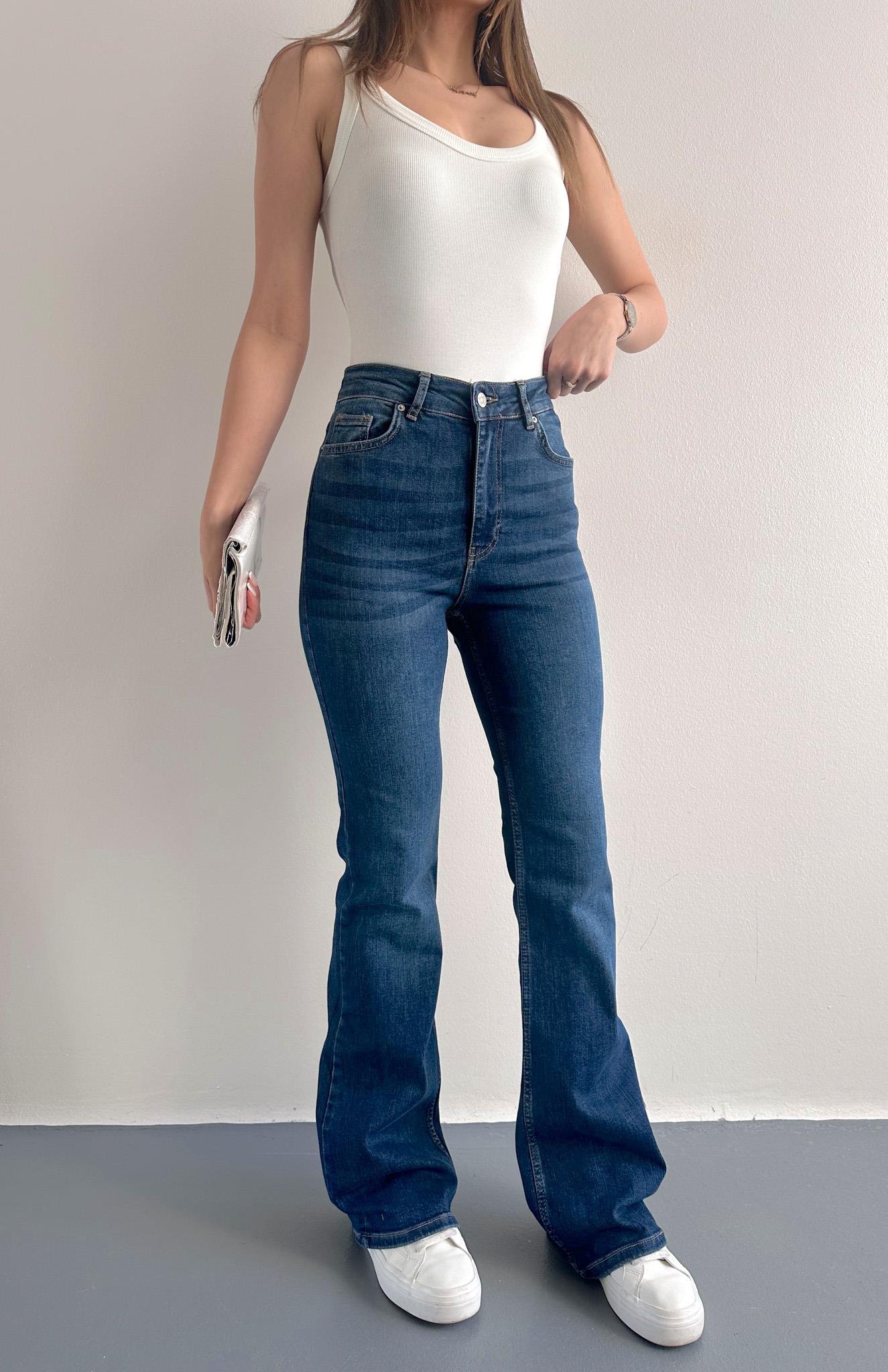 Yüksek Bel İspayol Paça Pantolon MAVİ