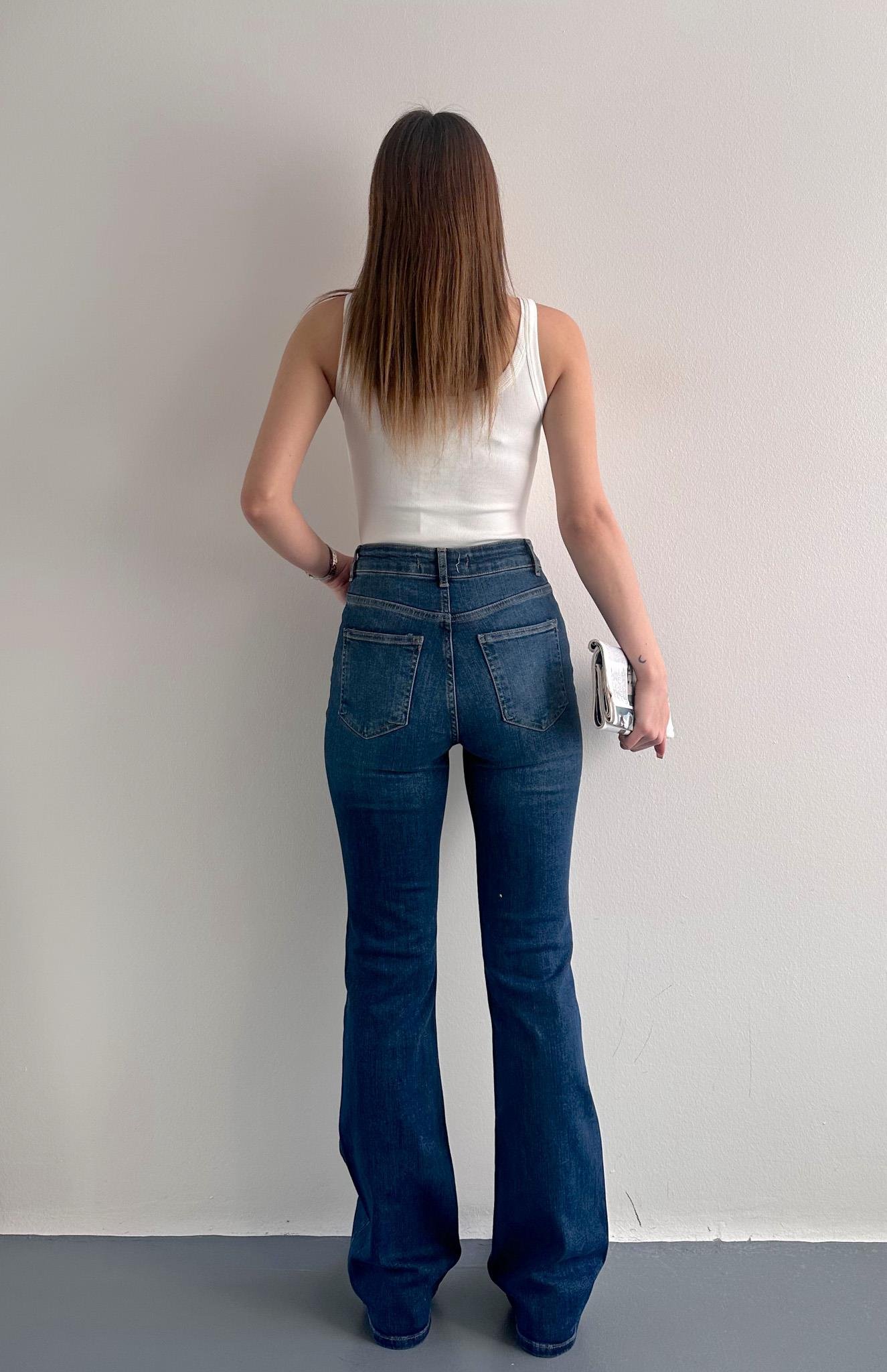 Yüksek Bel İspayol Paça Pantolon MAVİ