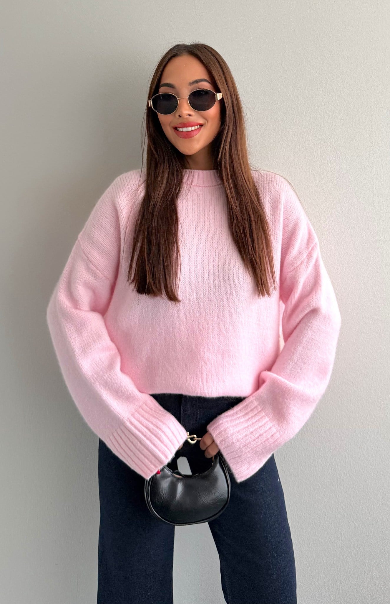 B.Yaka Düz Renk Pinterest Kazak PEMBE