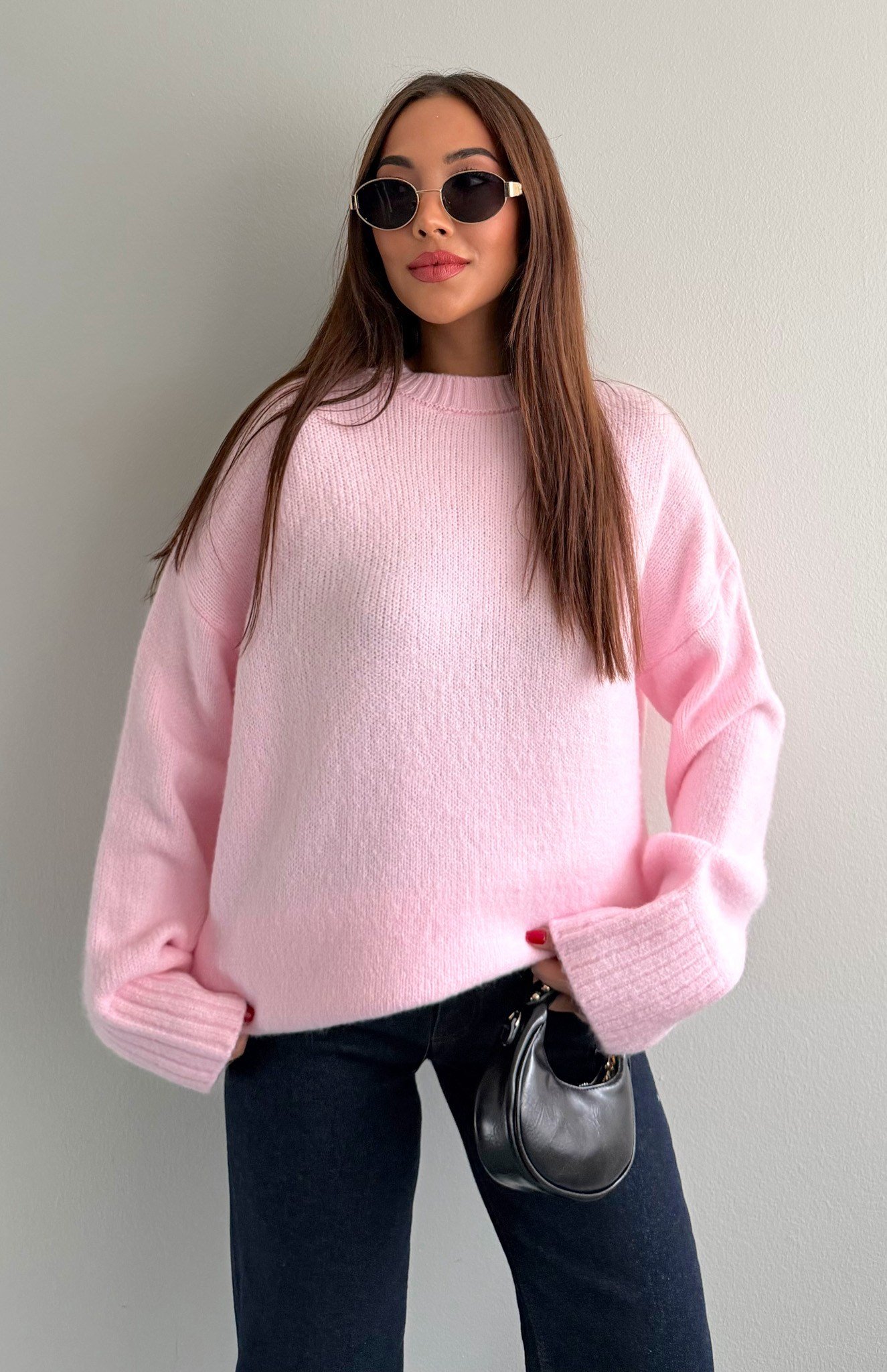 B.Yaka Düz Renk Pinterest Kazak PEMBE