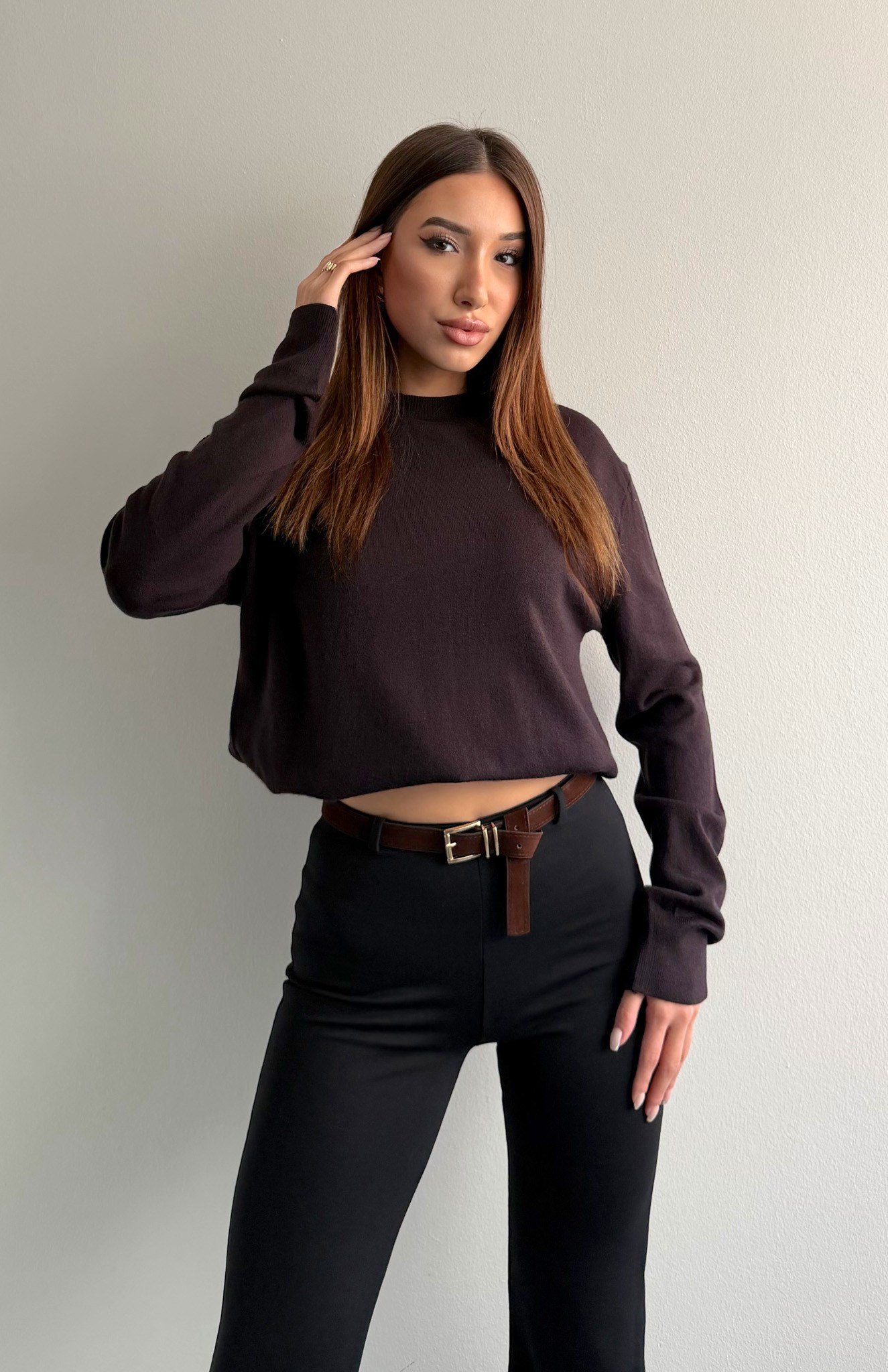 Bisiklet Yaka Basic Triko Kazak KOYU KAHVE