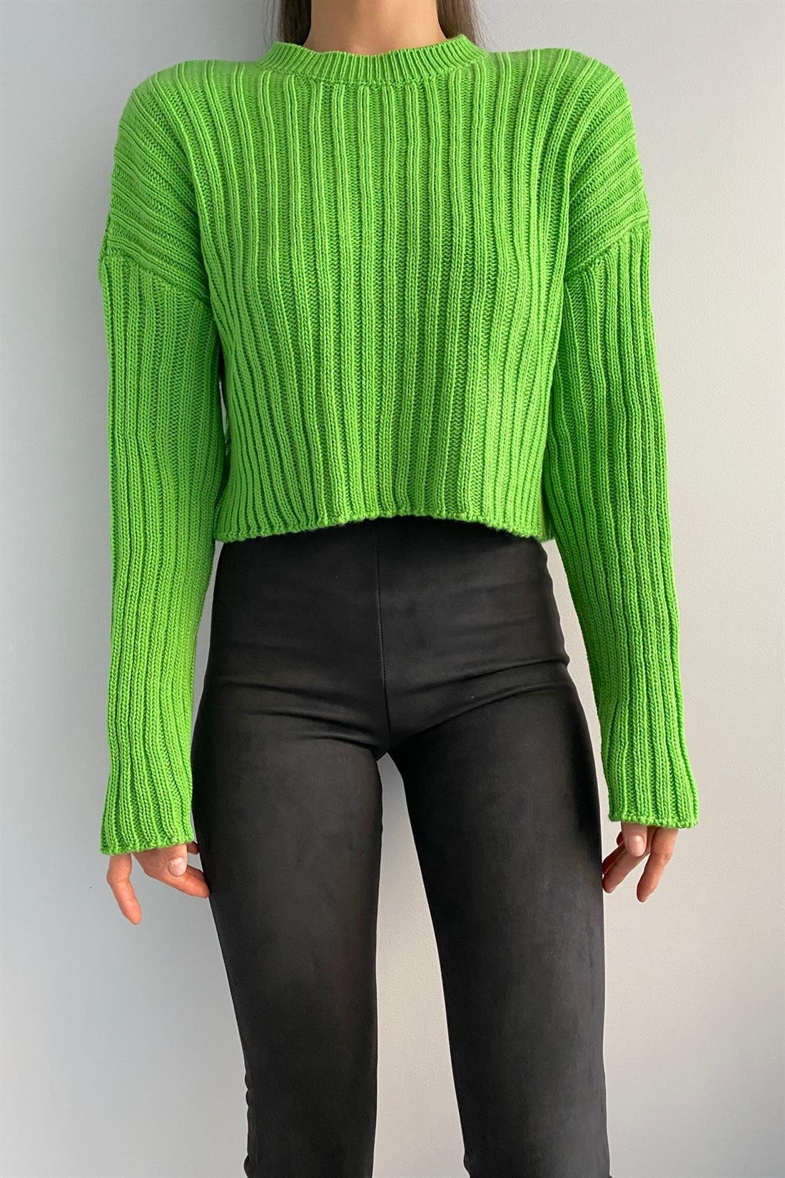 Bisiklet Yaka Fitilli Crop Kazak YEŞİL
