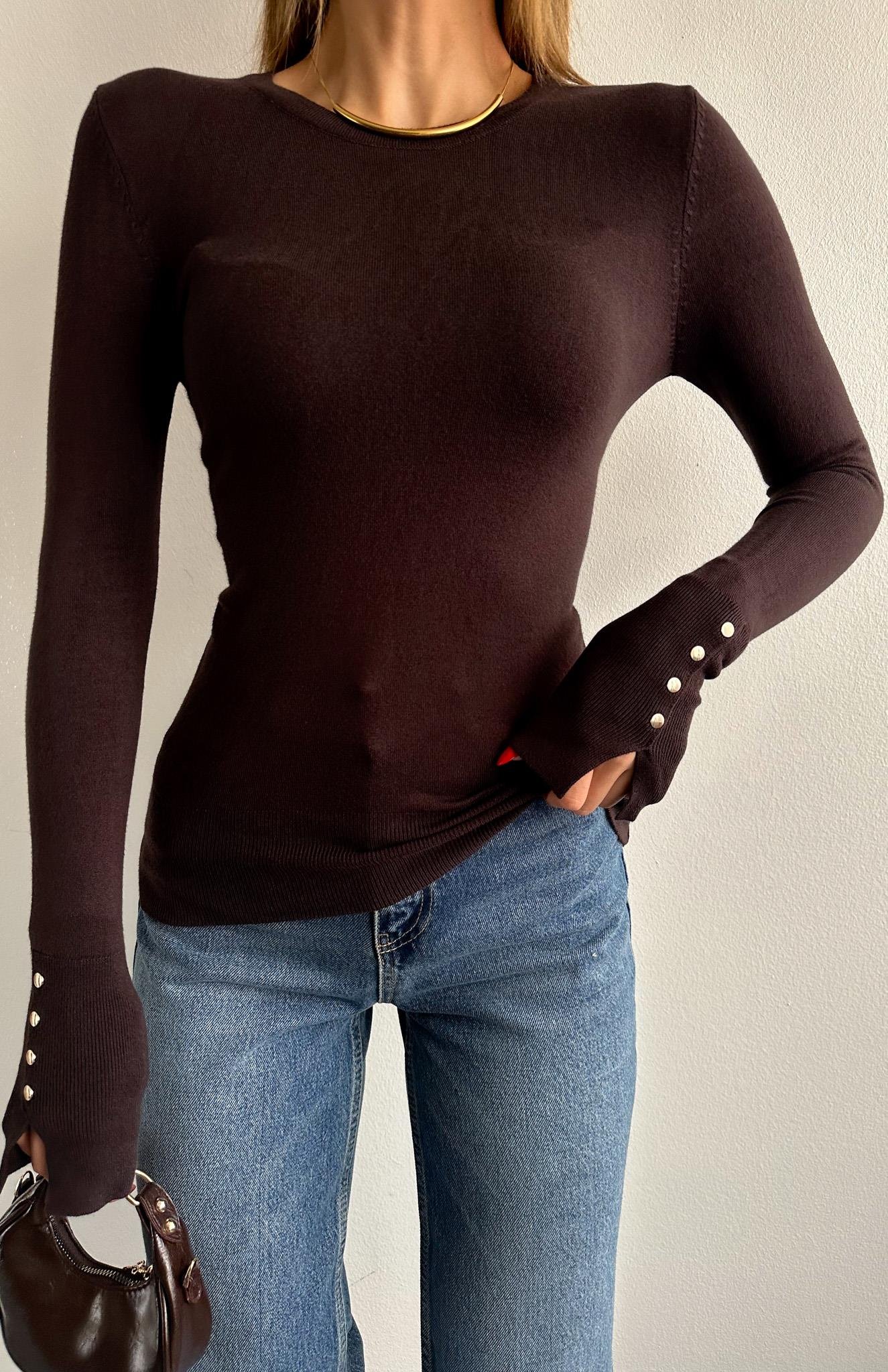 Bisiklet Yaka Kol Ortasi Droplu Kazak KOYU KAHVE