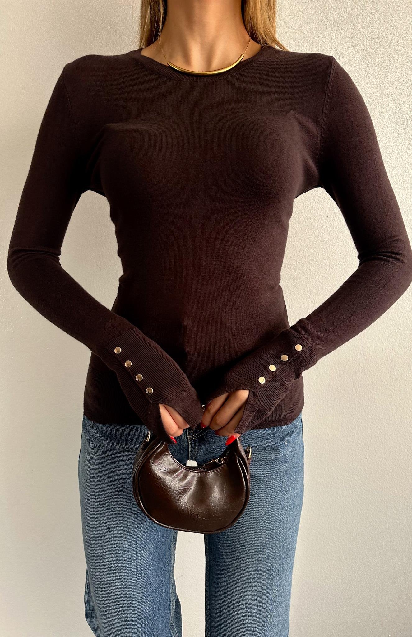 Bisiklet Yaka Kol Ortasi Droplu Kazak KOYU KAHVE