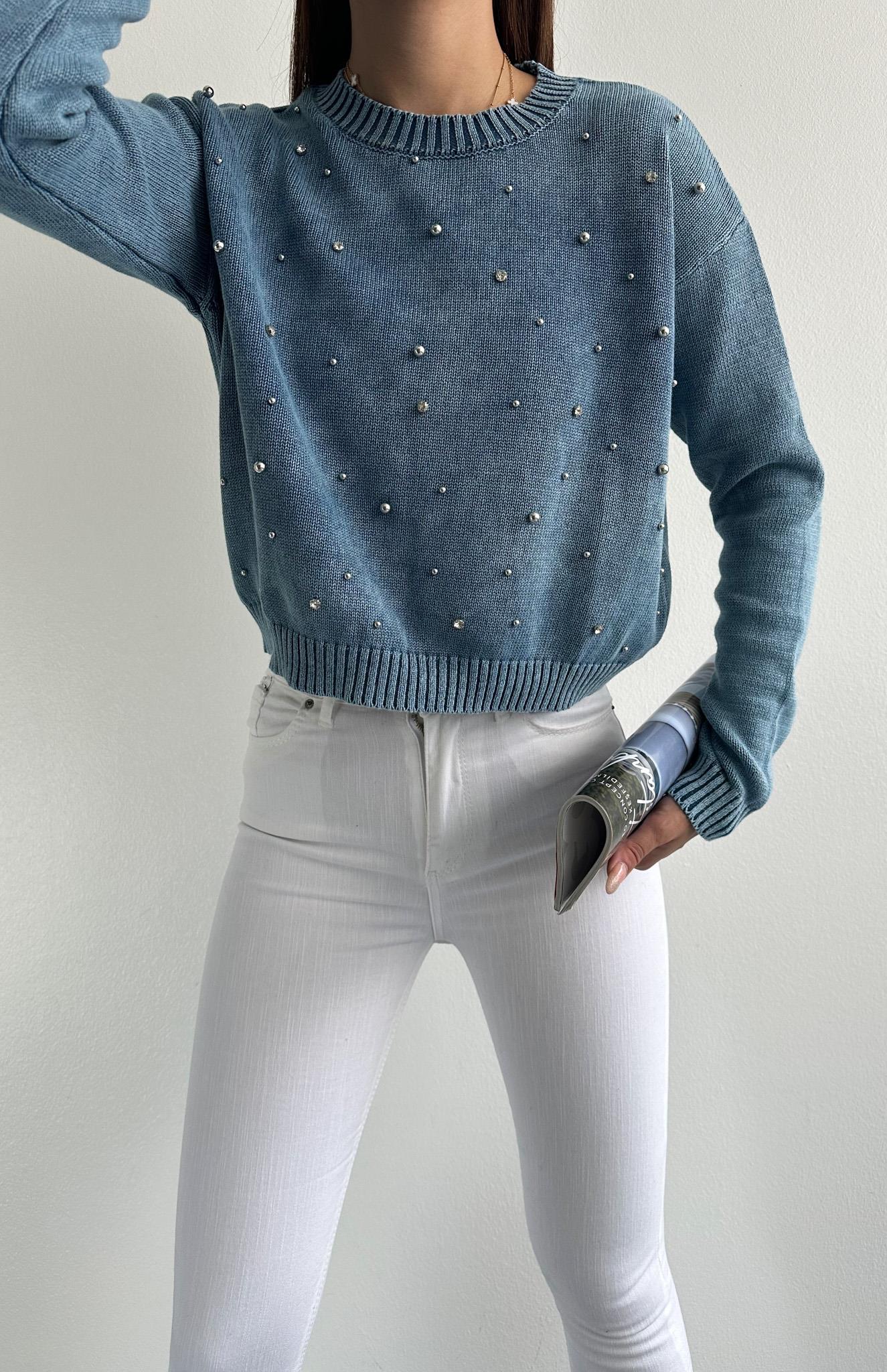 Bisiklet Yaka Taşlı Kazak İNDİGO