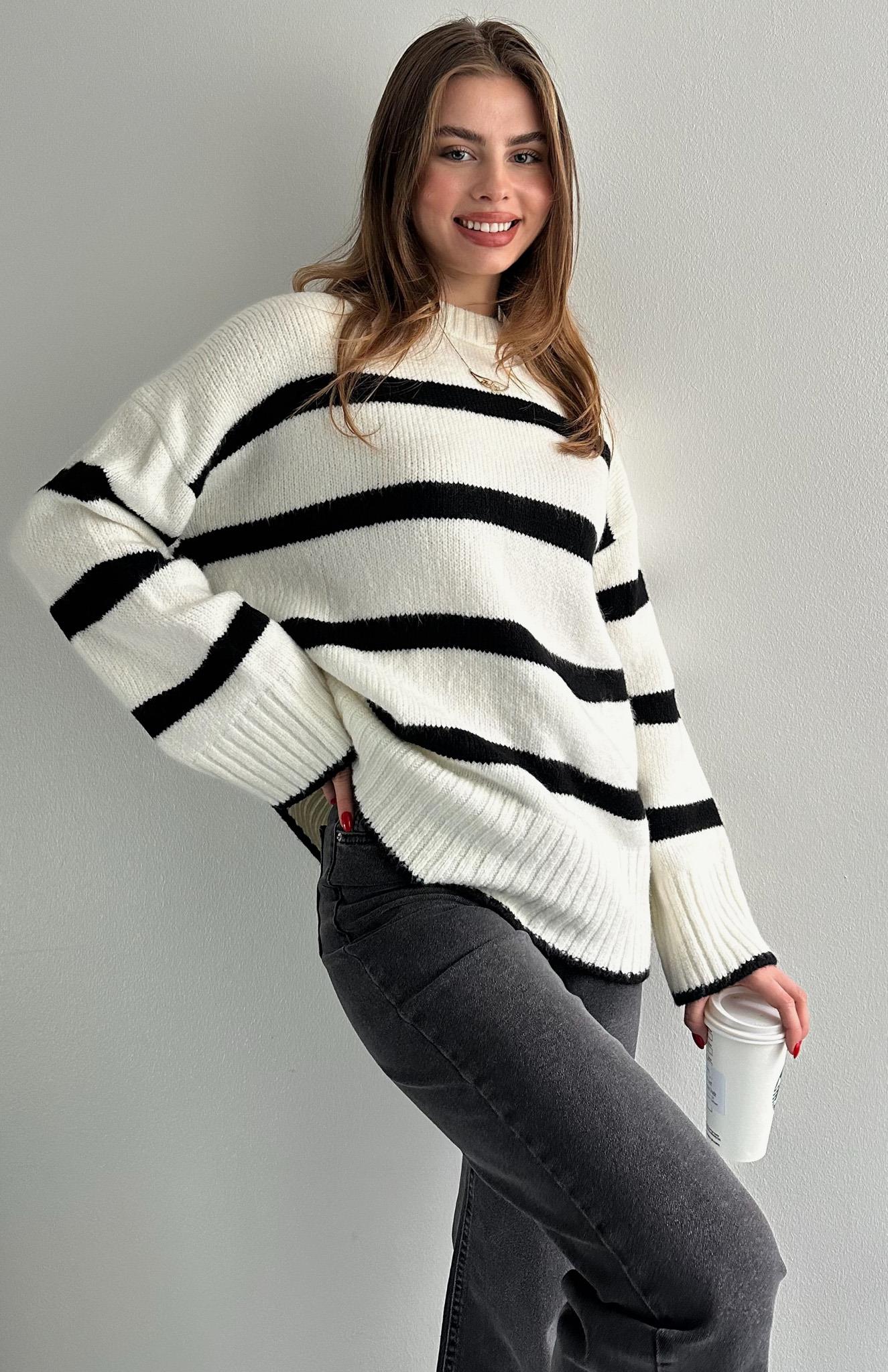 Çizgili Oversize Pinterest Kazak BEYAZ