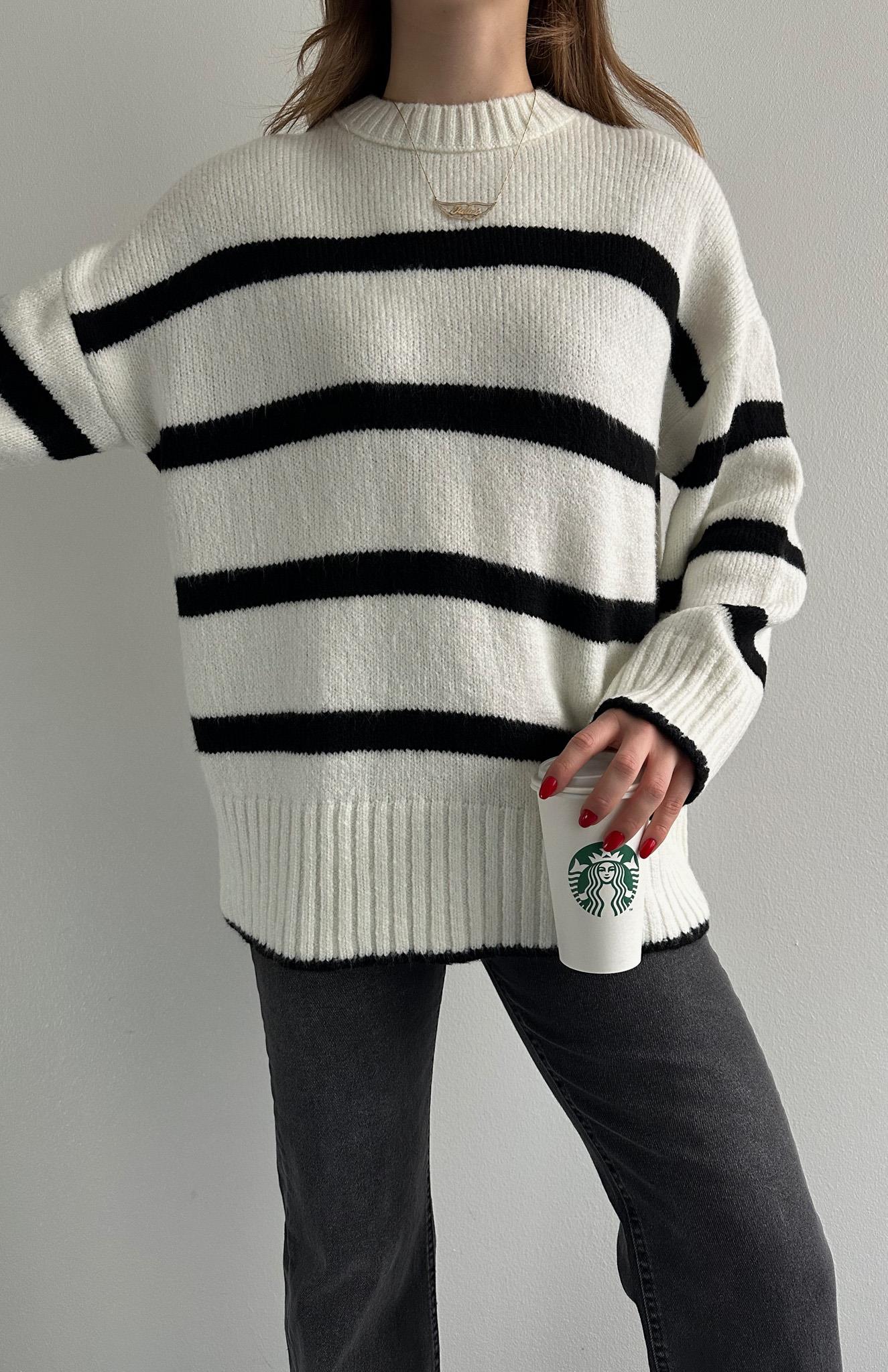 Çizgili Oversize Pinterest Kazak BEYAZ