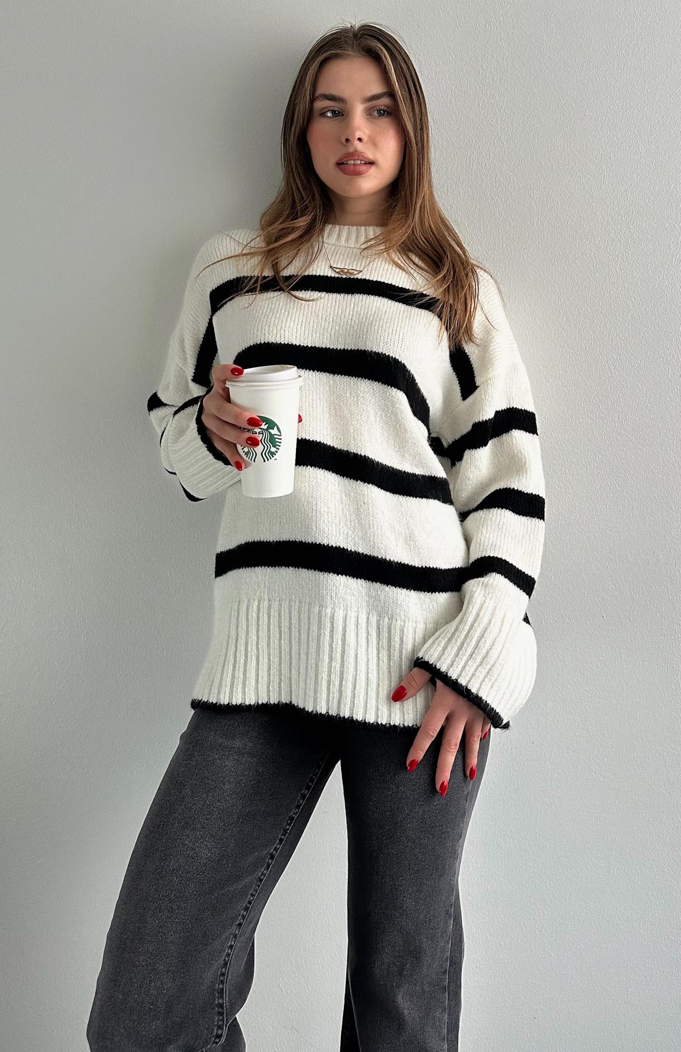Çizgili Oversize Pinterest Kazak BEYAZ