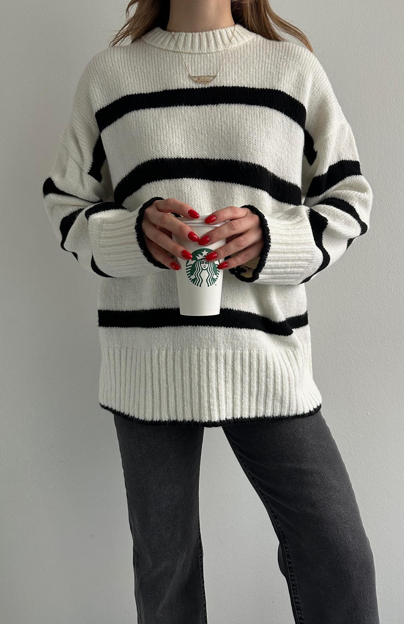 Çizgili Oversize Pinterest Kazak BEYAZ