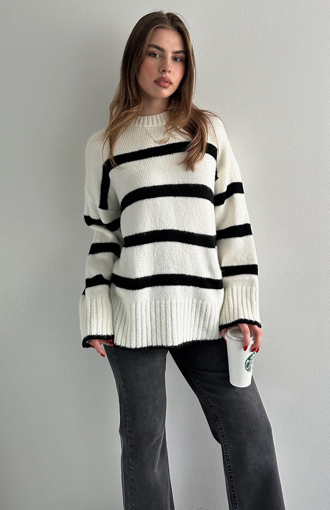 Çizgili Oversize Pinterest Kazak BEYAZ