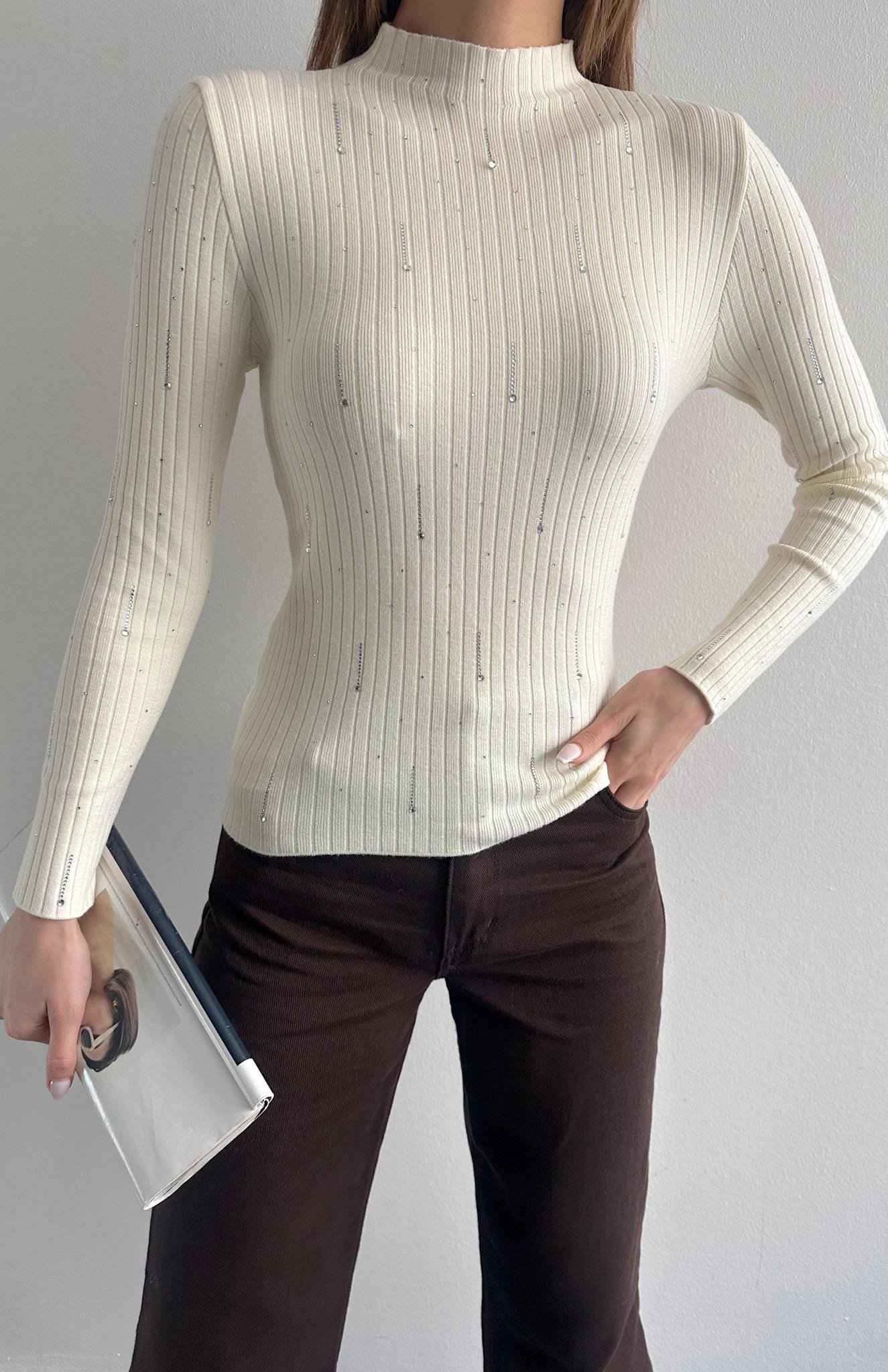 Damla Parlak Taşlı Elitli Kazak EKRU