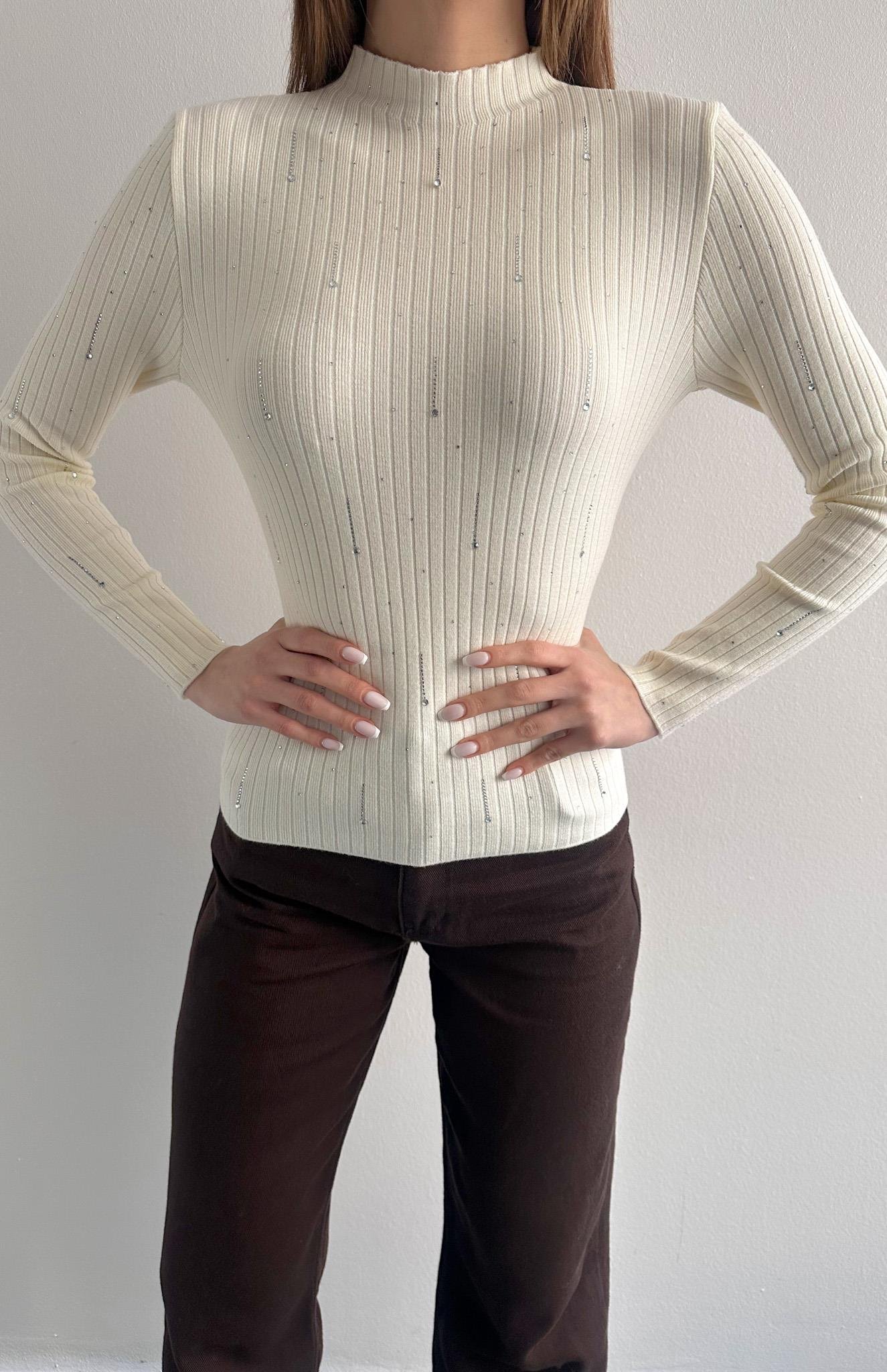 Damla Parlak Taşlı Elitli Kazak EKRU