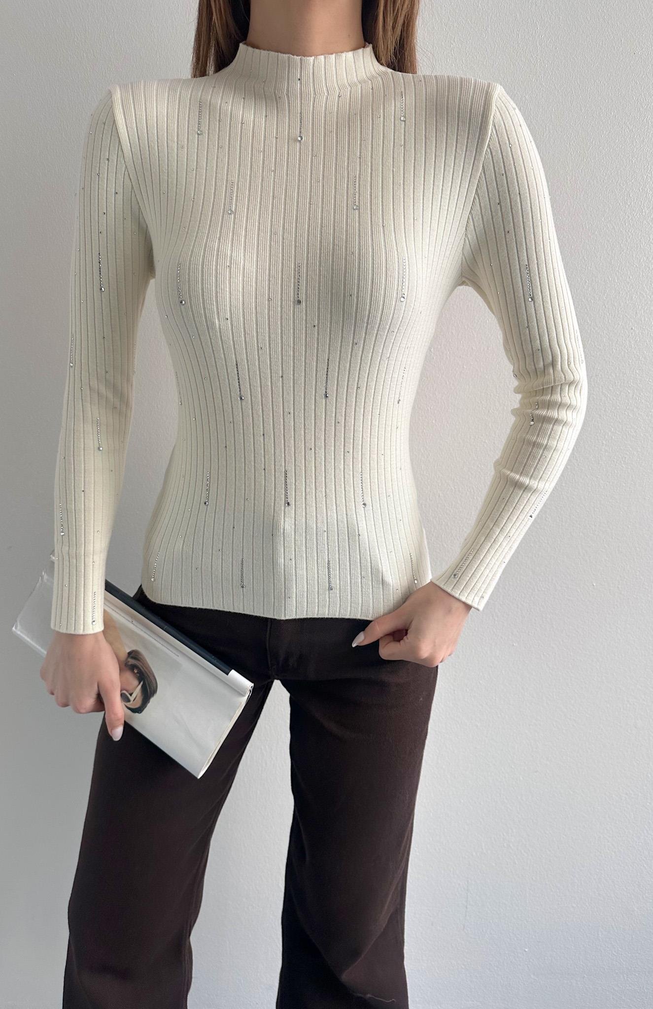 Damla Parlak Taşlı Elitli Kazak EKRU