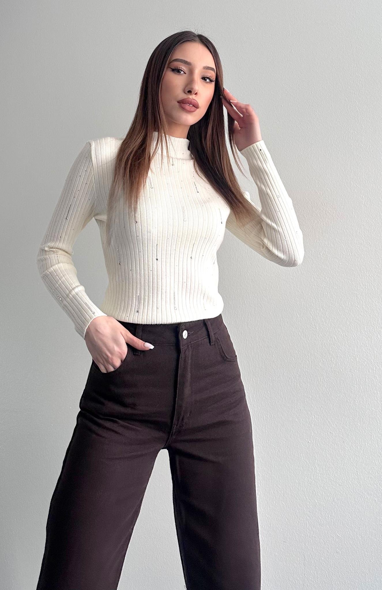 Damla Parlak Taşlı Elitli Kazak EKRU