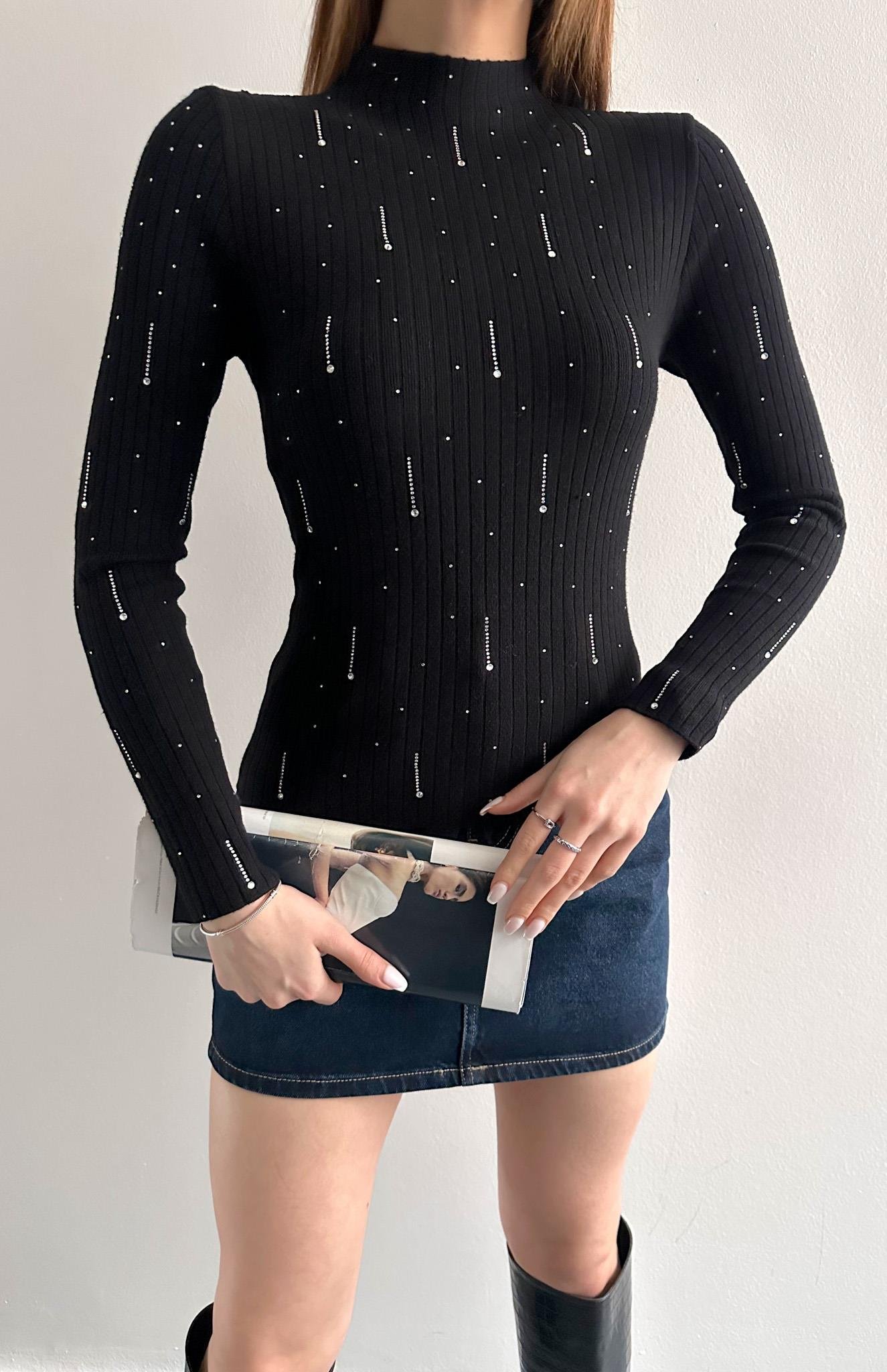 Damla Parlak Taşlı Elitli Kazak SİYAH