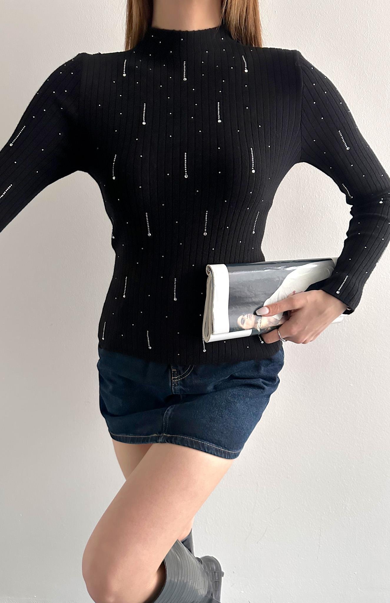 Damla Parlak Taşlı Elitli Kazak SİYAH