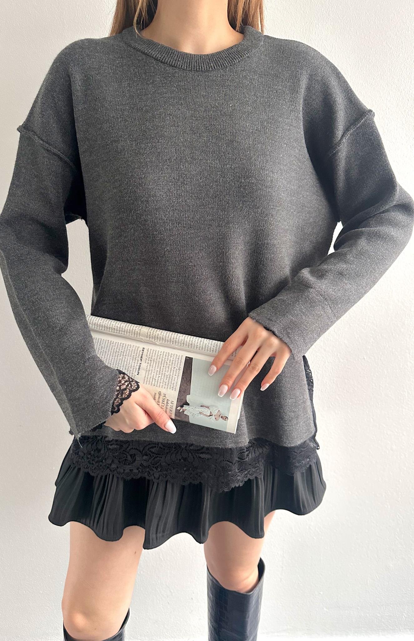 Dantel Detaylı Oversize Kazak ANTRASİT