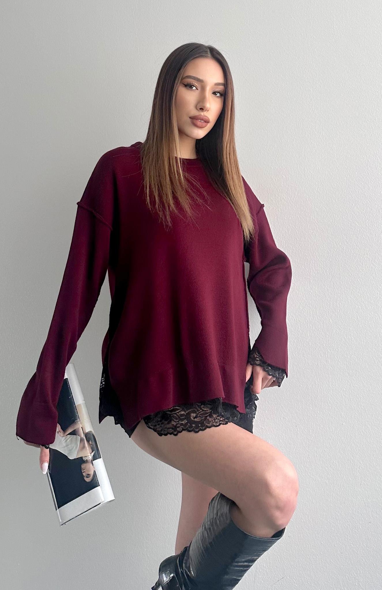 Dantel Detaylı Oversize Kazak BORDO