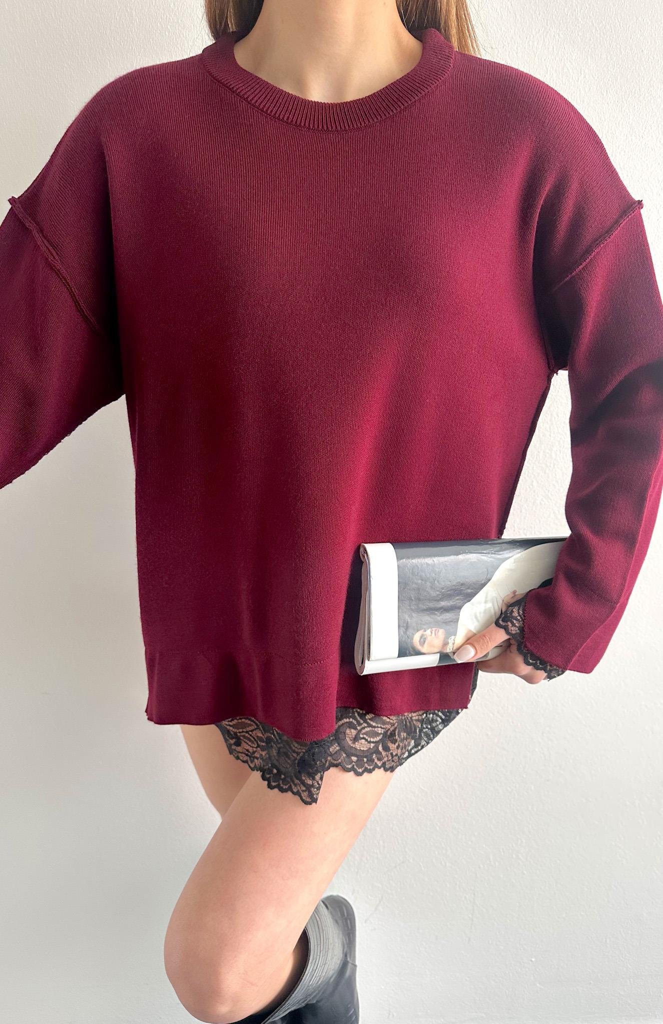 Dantel Detaylı Oversize Kazak BORDO