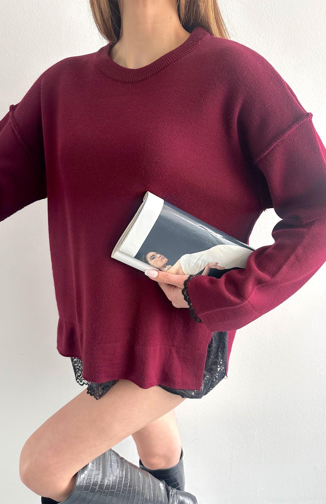 Dantel Detaylı Oversize Kazak BORDO