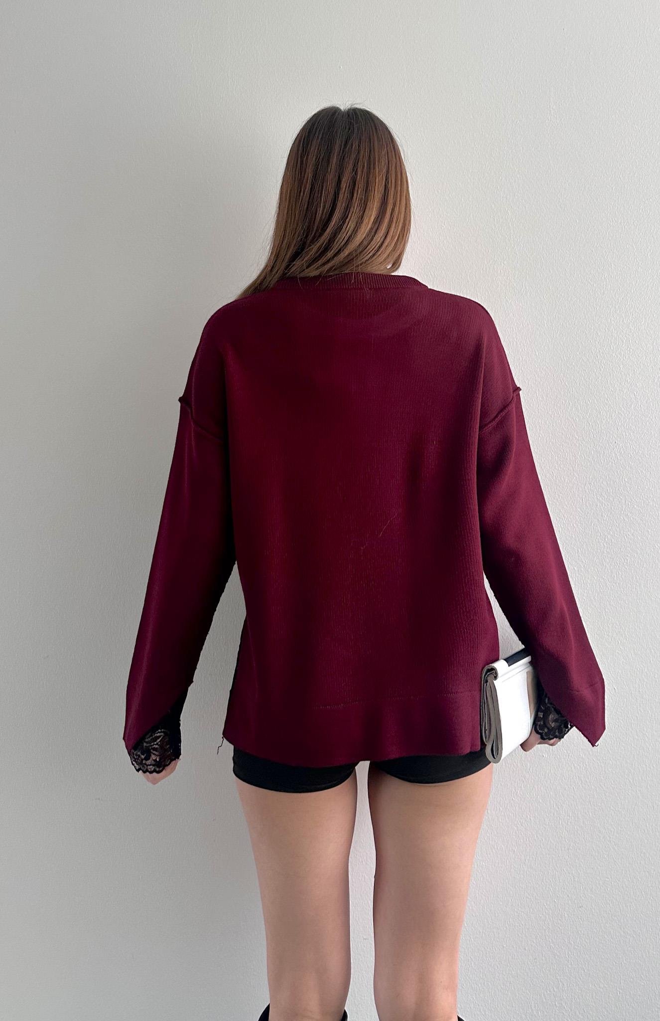 Dantel Detaylı Oversize Kazak BORDO