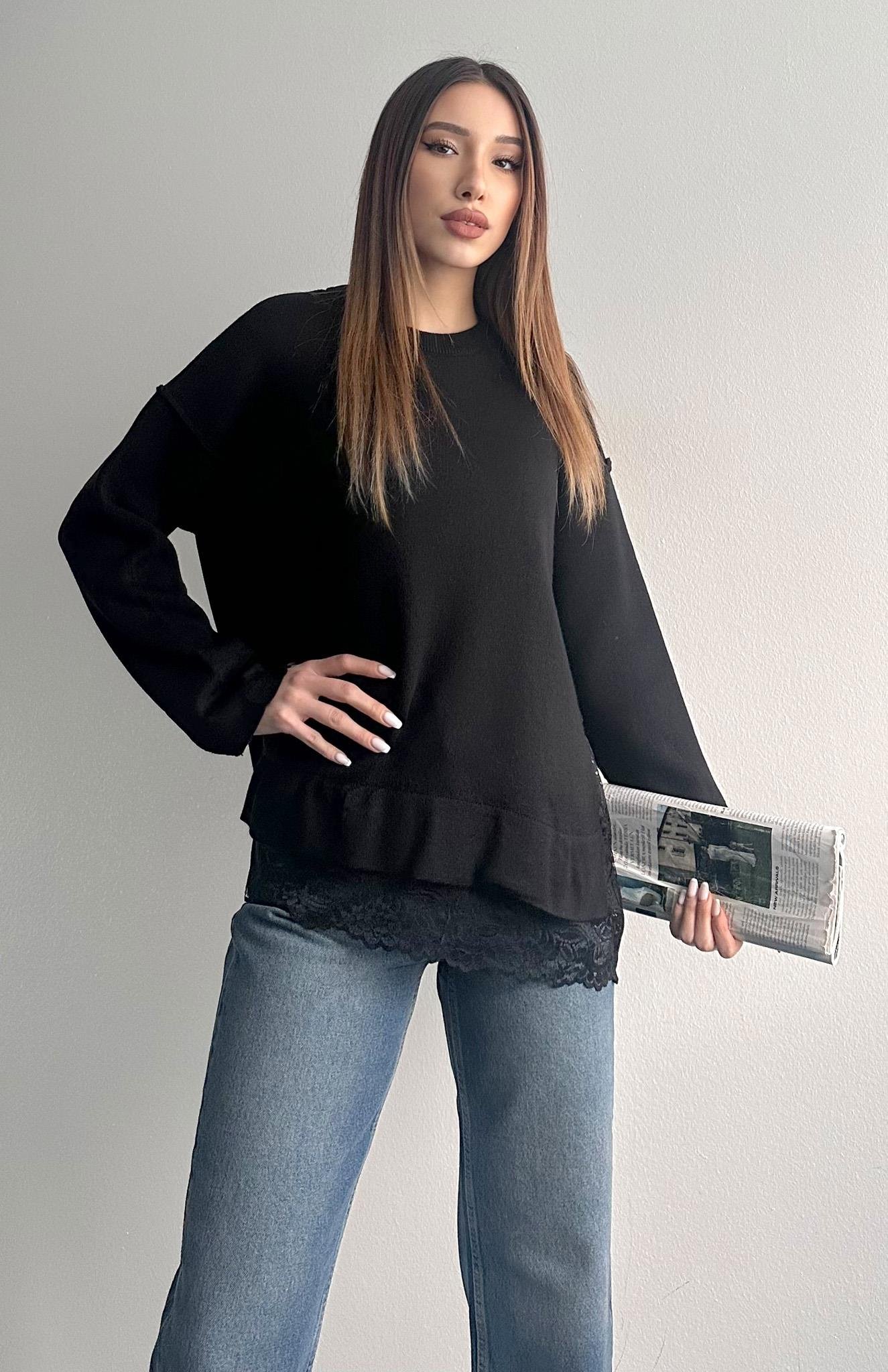 Dantel Detaylı Oversize Kazak SİYAH