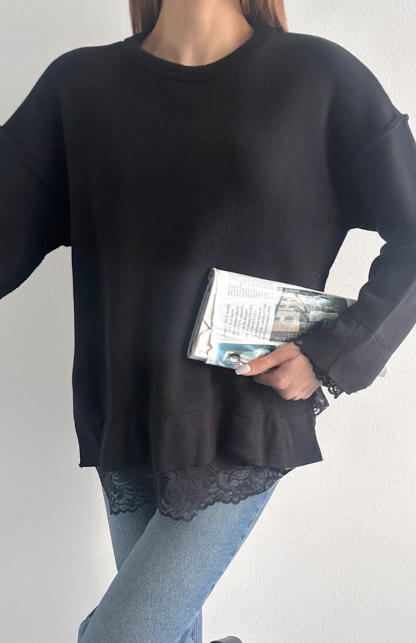 Dantel Detaylı Oversize Kazak SİYAH