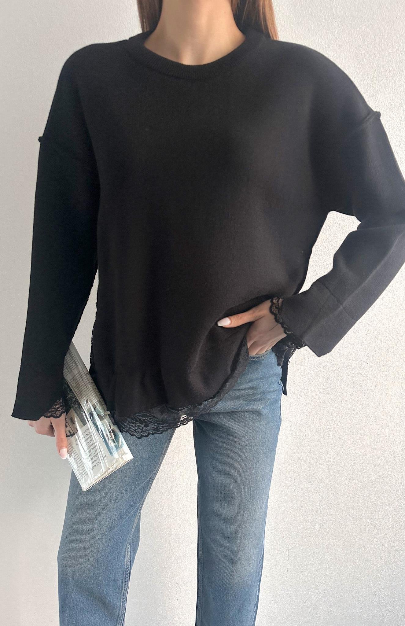 Dantel Detaylı Oversize Kazak SİYAH