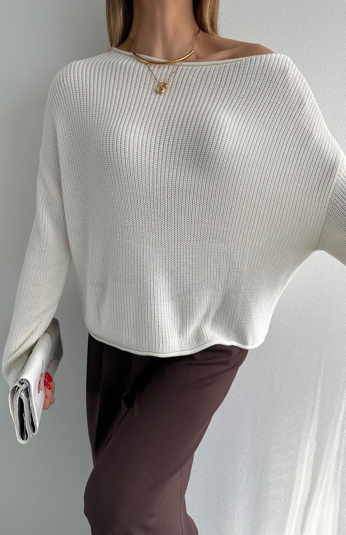 Kayık Yaka Basic Triko Kazak EKRU