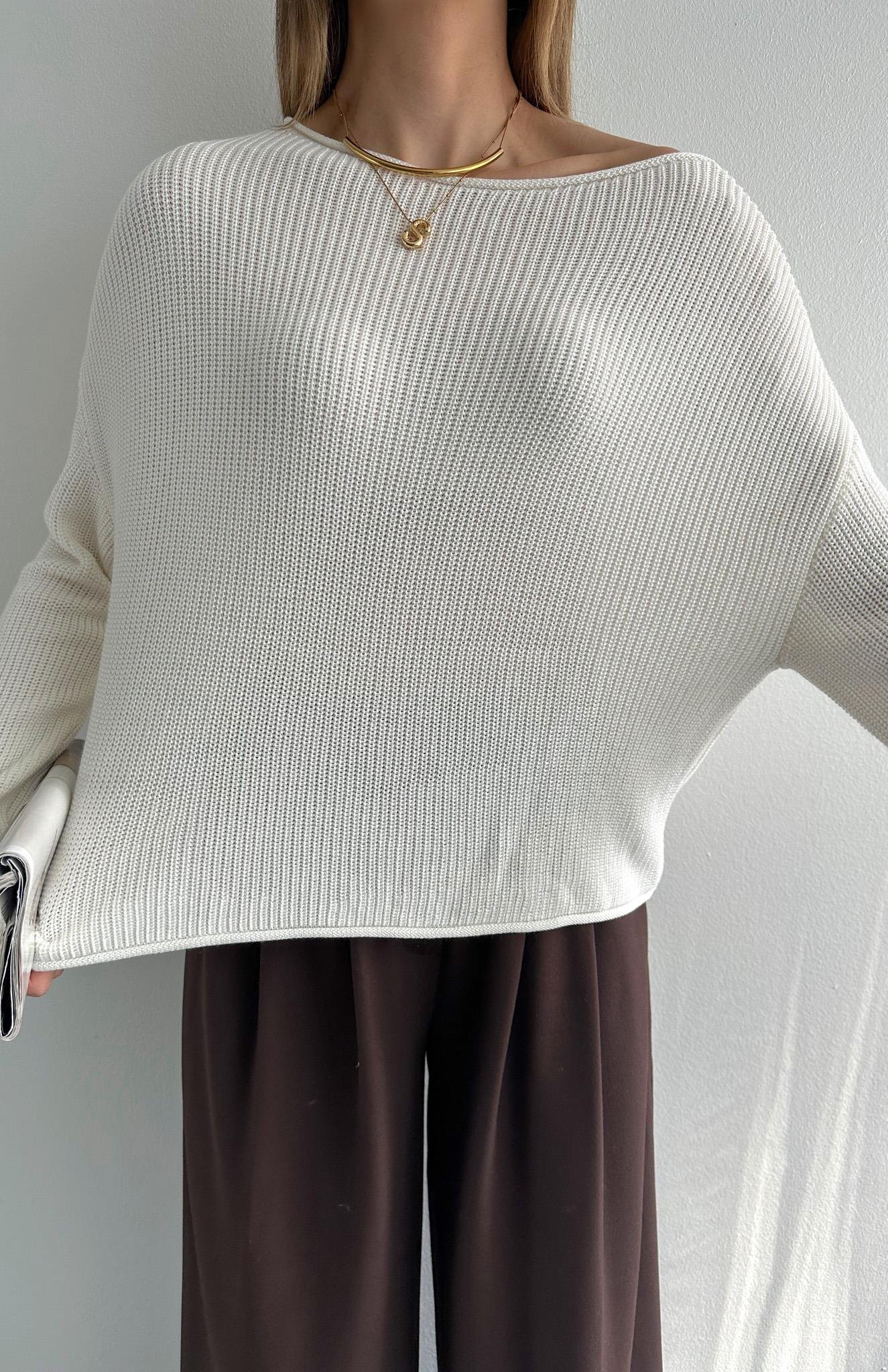 Kayık Yaka Basic Triko Kazak EKRU