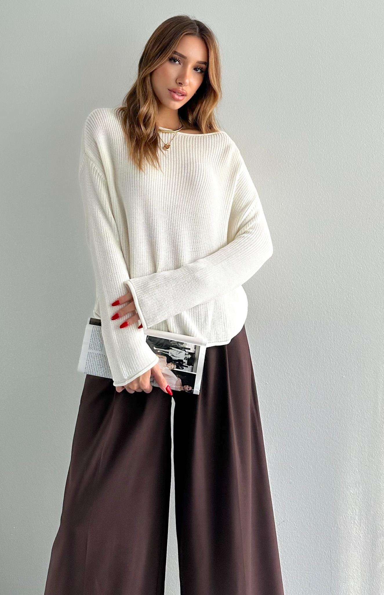 Kayık Yaka Basic Triko Kazak EKRU