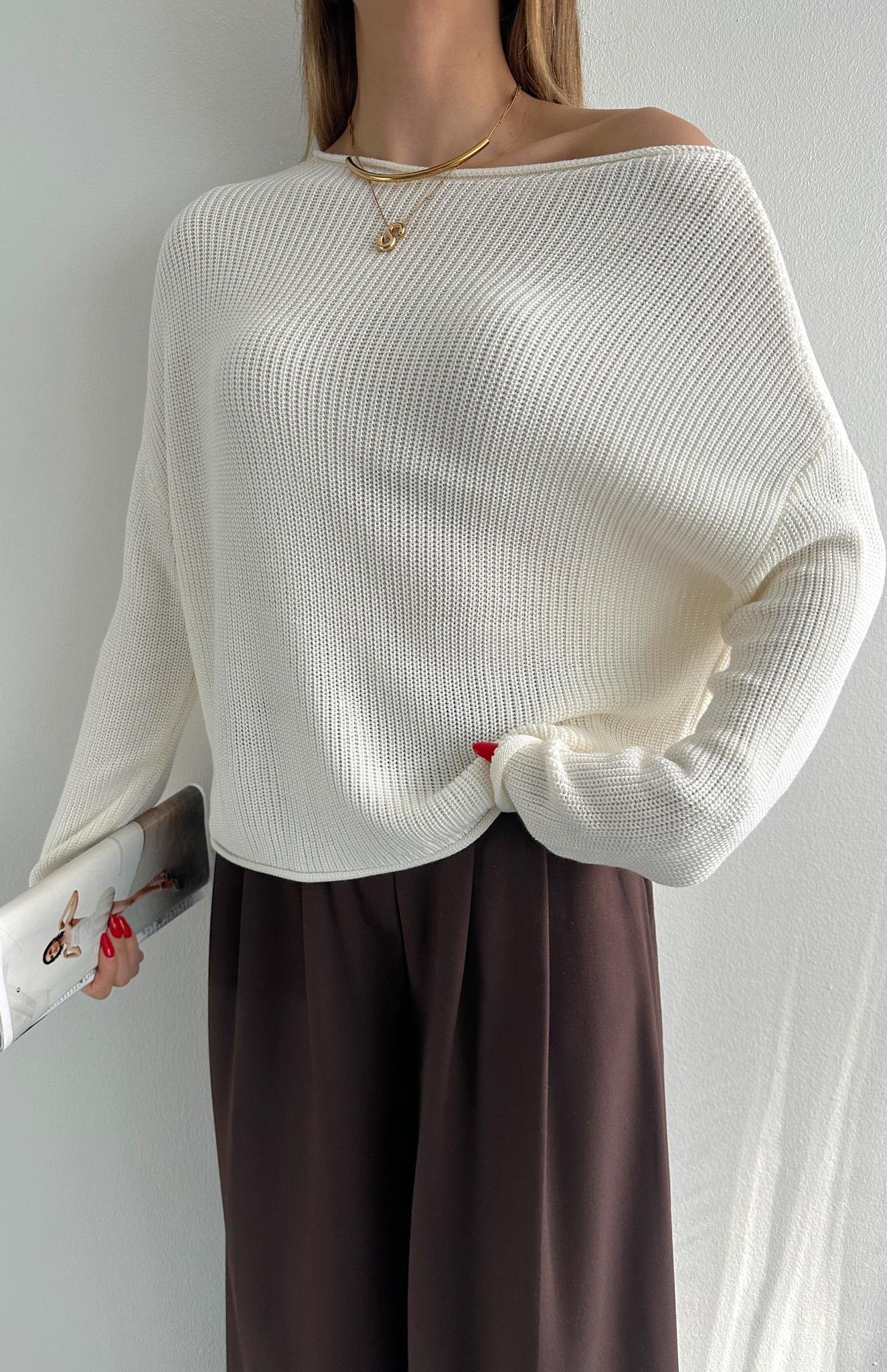 Kayık Yaka Basic Triko Kazak EKRU