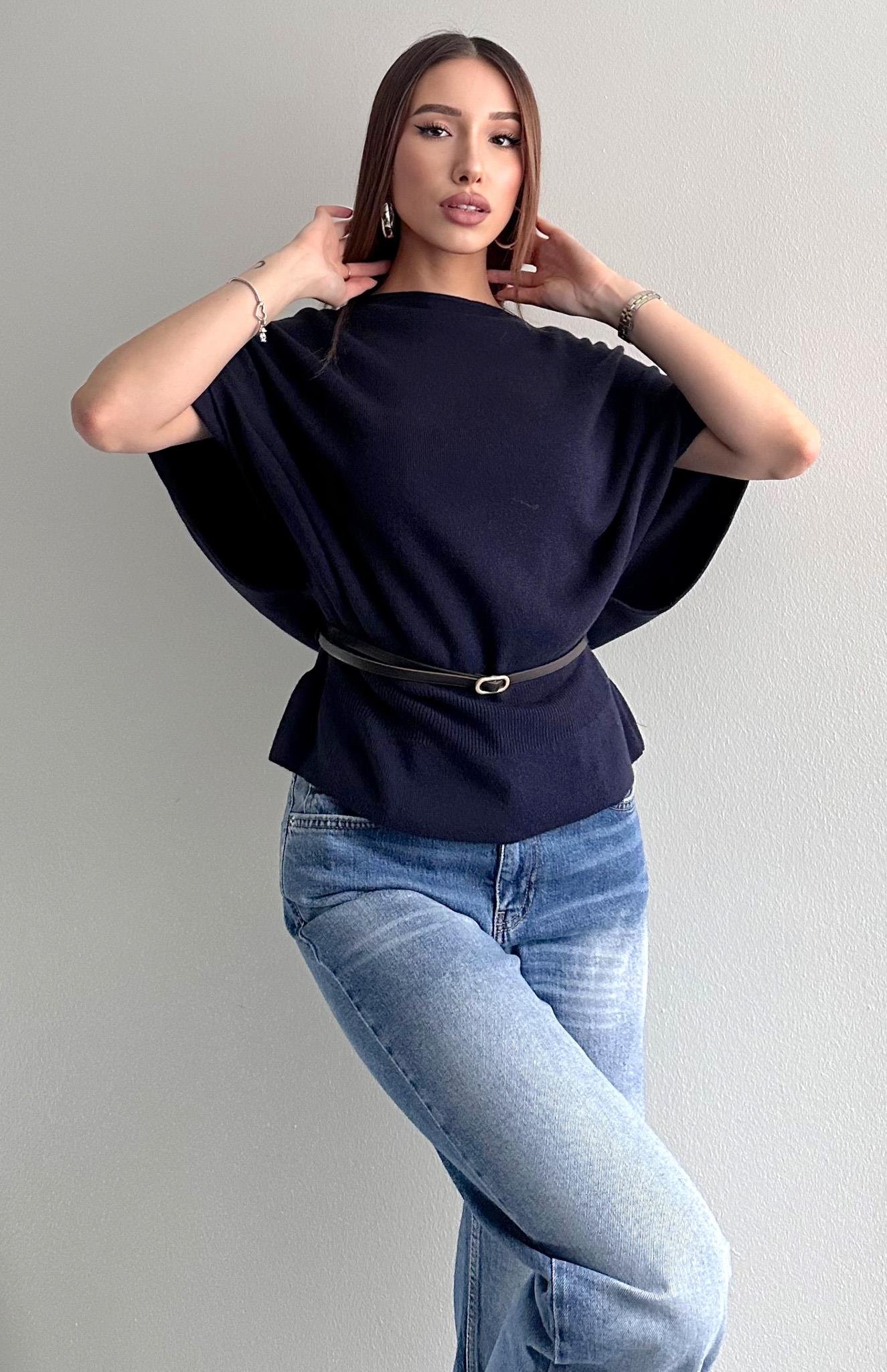 Kayık Yaka Yarasa Kol Kemerli Kazak LACİVERT