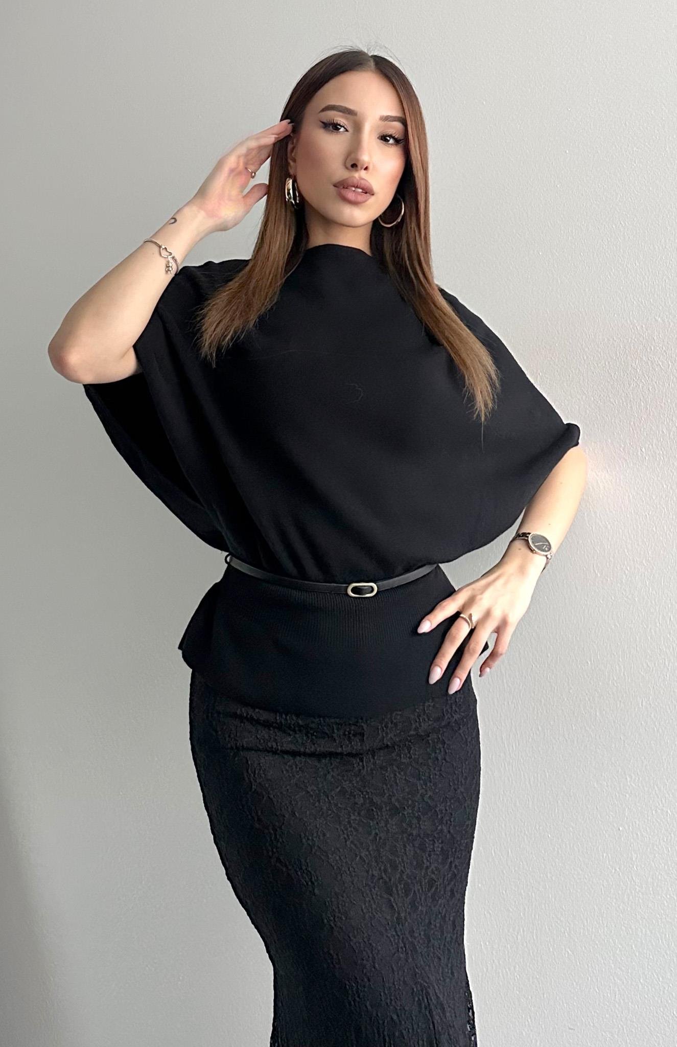 Kayık Yaka Yarasa Kol Kemerli Kazak SİYAH