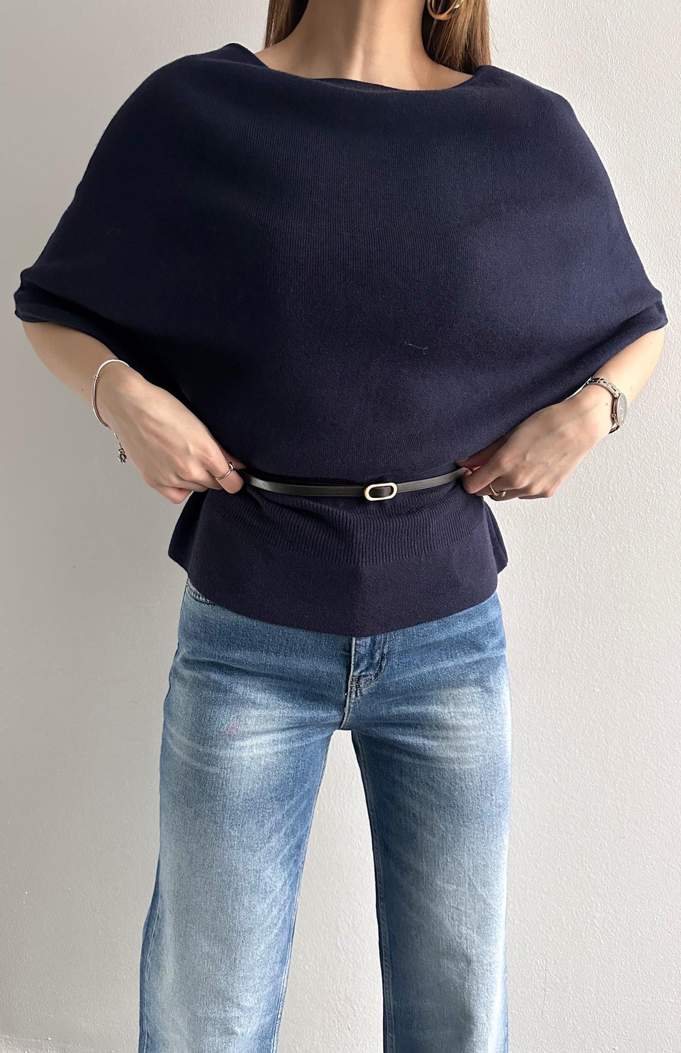 Kayık Yaka Yarasa Kol Kemerli Kazak LACİVERT