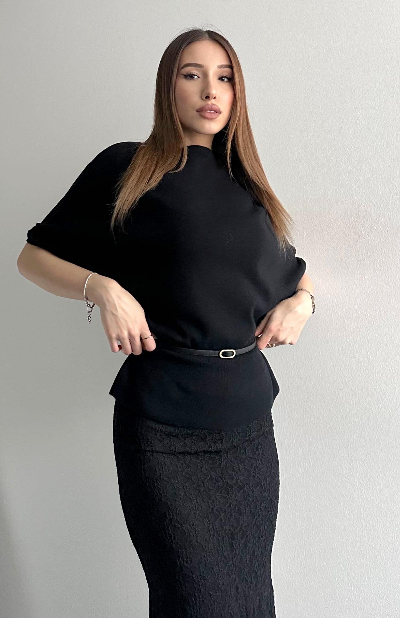 Kayık Yaka Yarasa Kol Kemerli Kazak SİYAH