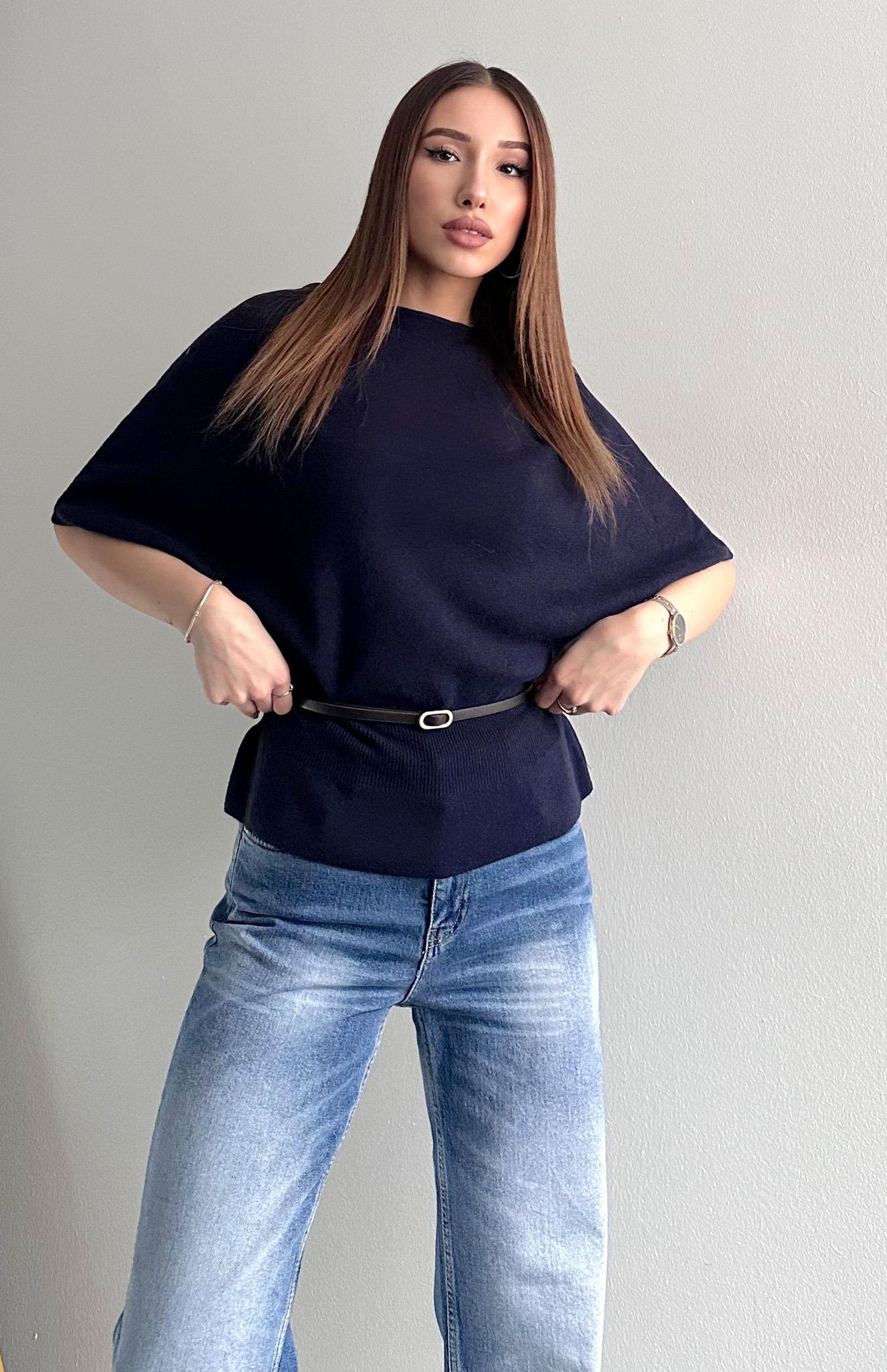 Kayık Yaka Yarasa Kol Kemerli Kazak LACİVERT