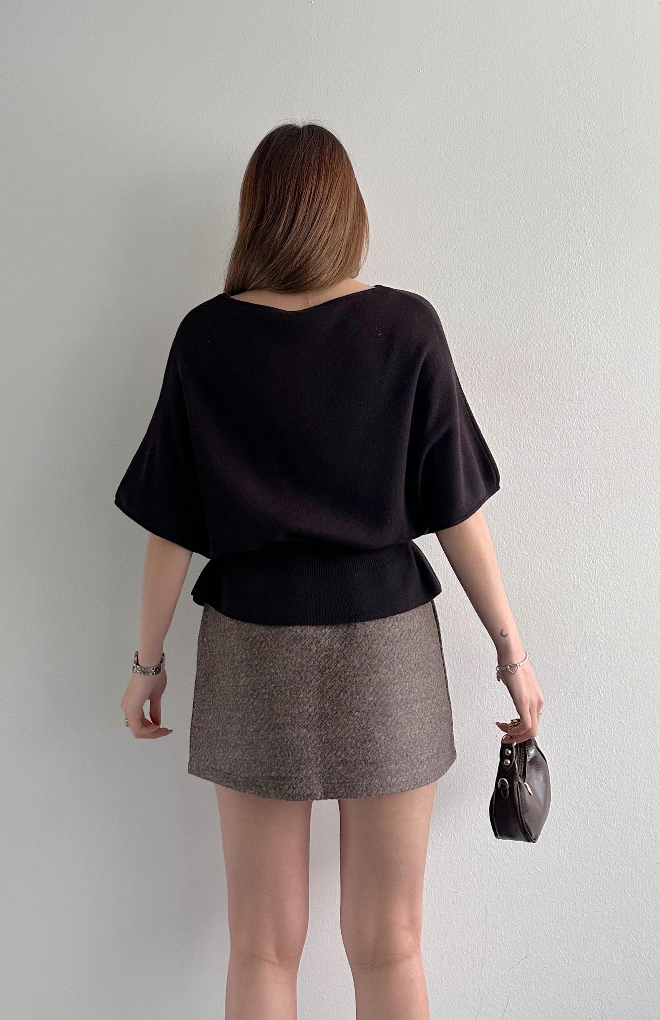 Kayık Yaka Yarasa Kol Kemerli Kazak KOYU KAHVE