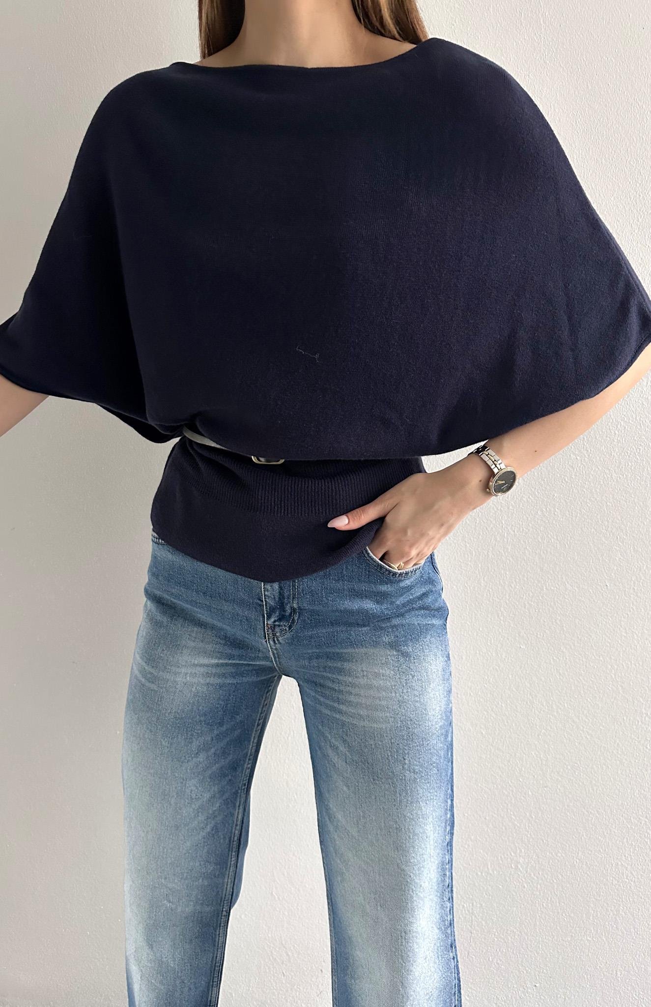 Kayık Yaka Yarasa Kol Kemerli Kazak LACİVERT