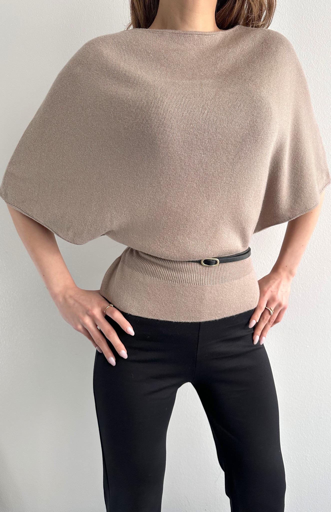 Kayık Yaka Yarasa Kol Kemerli Kazak KOYU VİZON