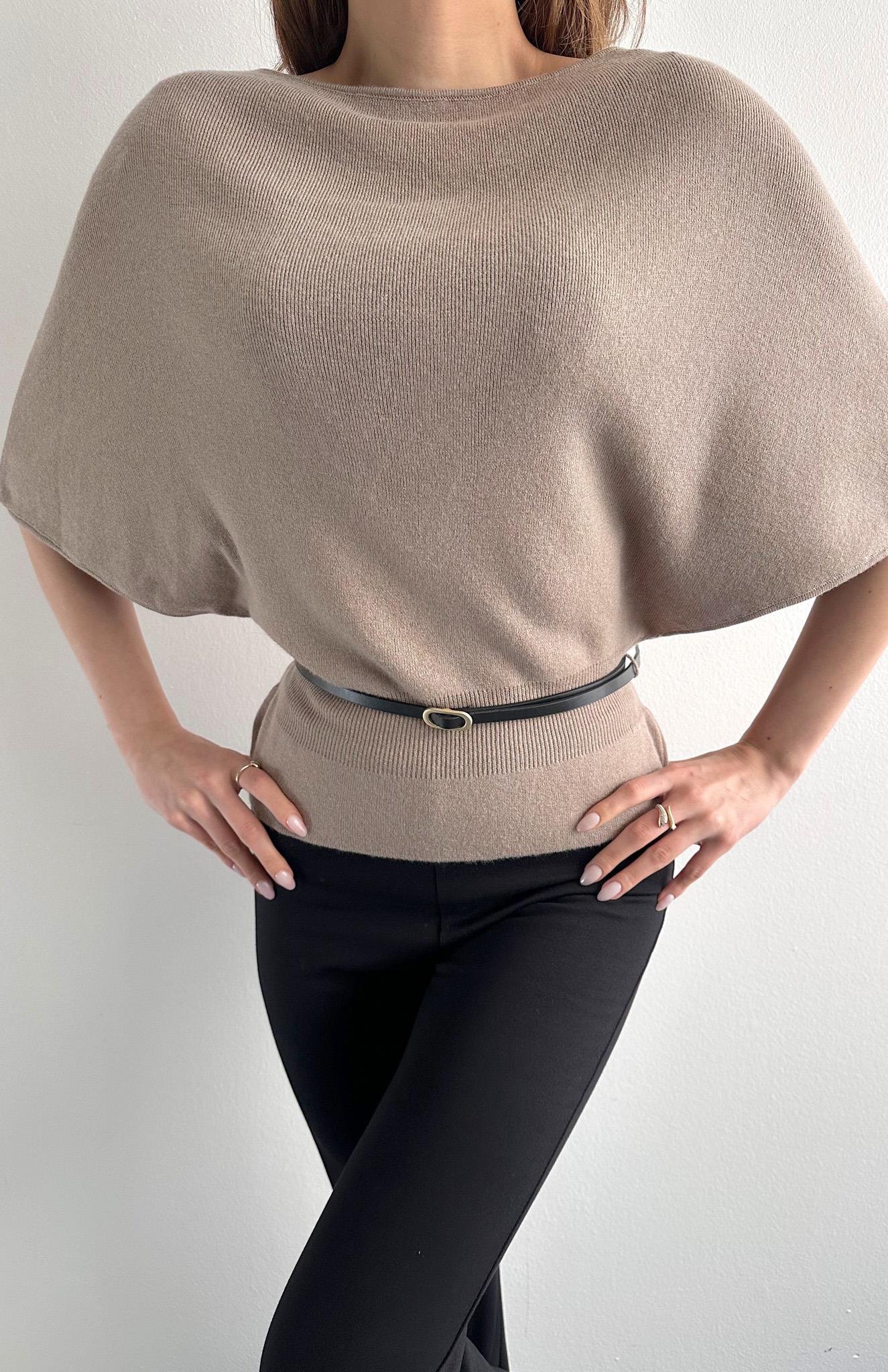 Kayık Yaka Yarasa Kol Kemerli Kazak KOYU VİZON