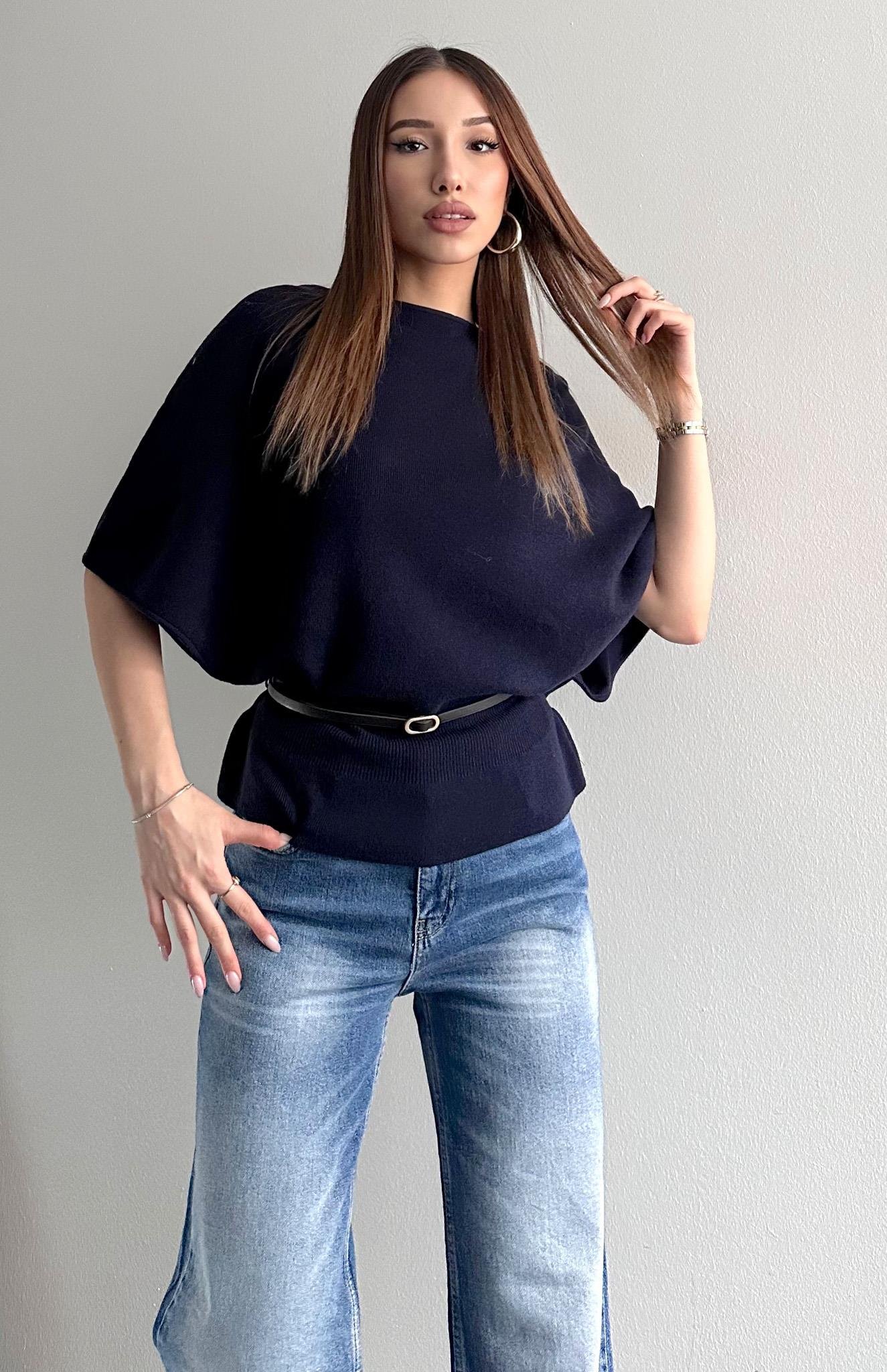 Kayık Yaka Yarasa Kol Kemerli Kazak LACİVERT