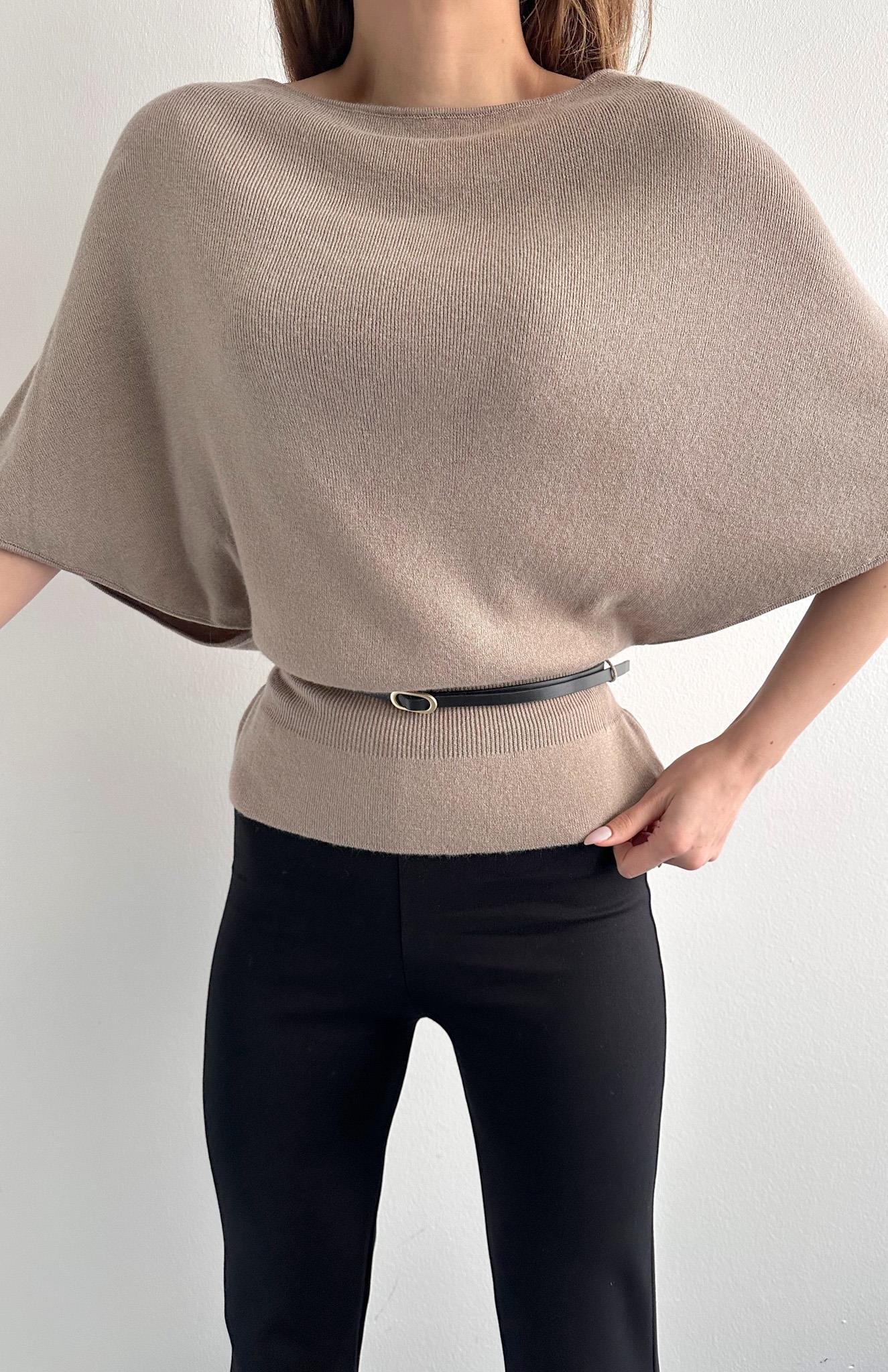 Kayık Yaka Yarasa Kol Kemerli Kazak KOYU VİZON