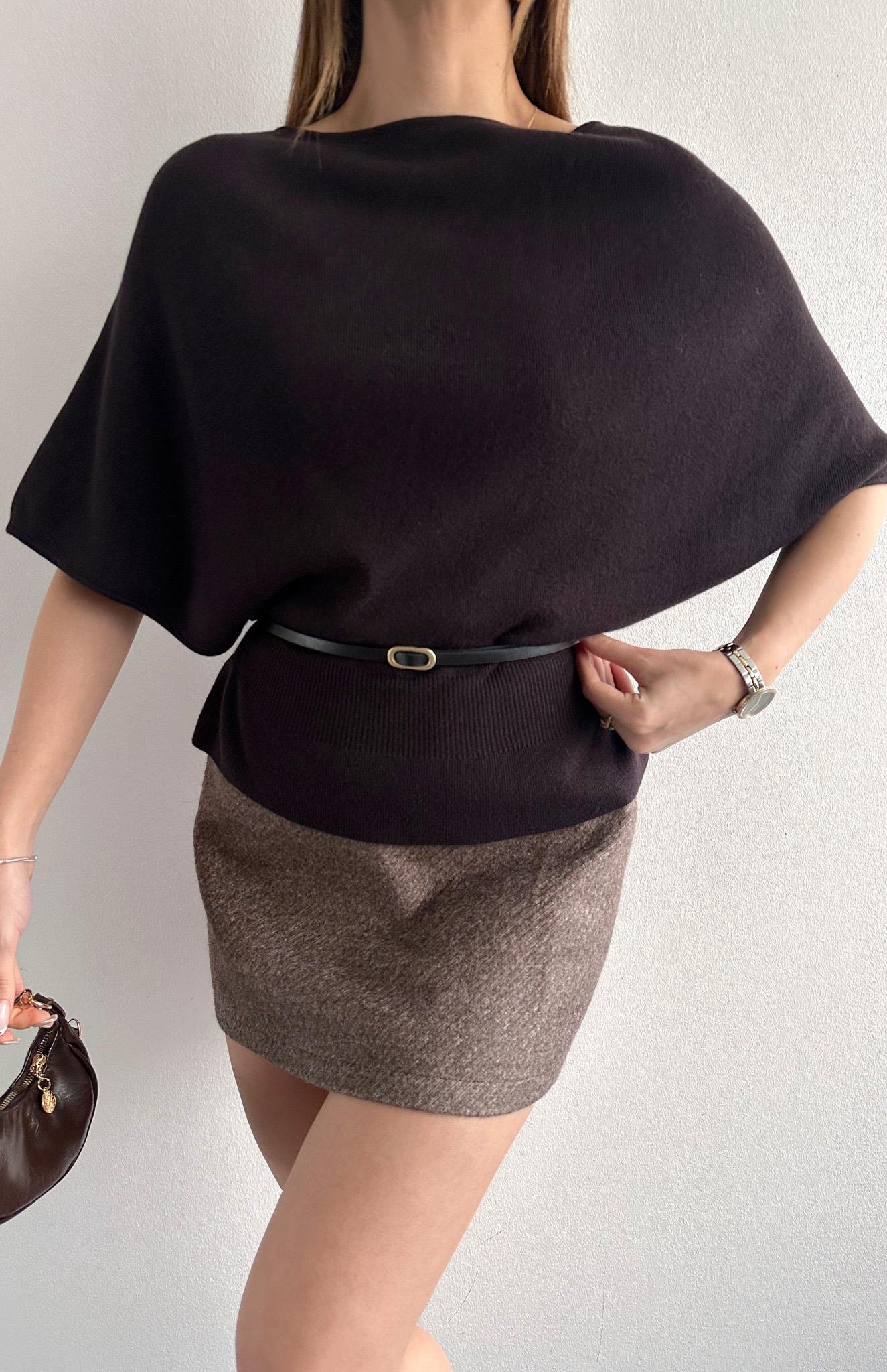 Kayık Yaka Yarasa Kol Kemerli Kazak KOYU KAHVE