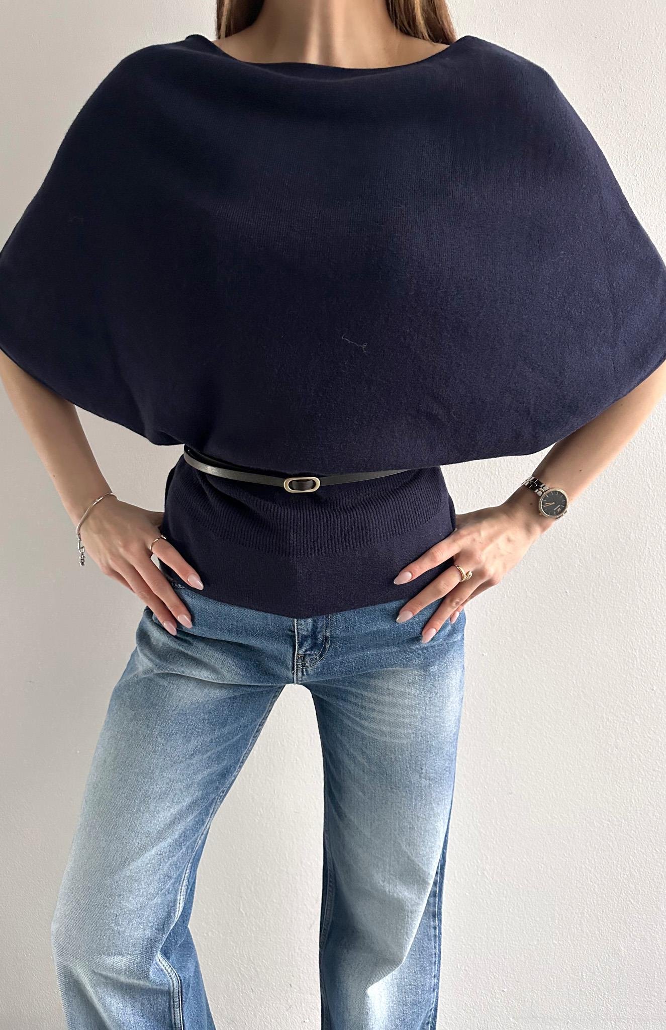 Kayık Yaka Yarasa Kol Kemerli Kazak LACİVERT