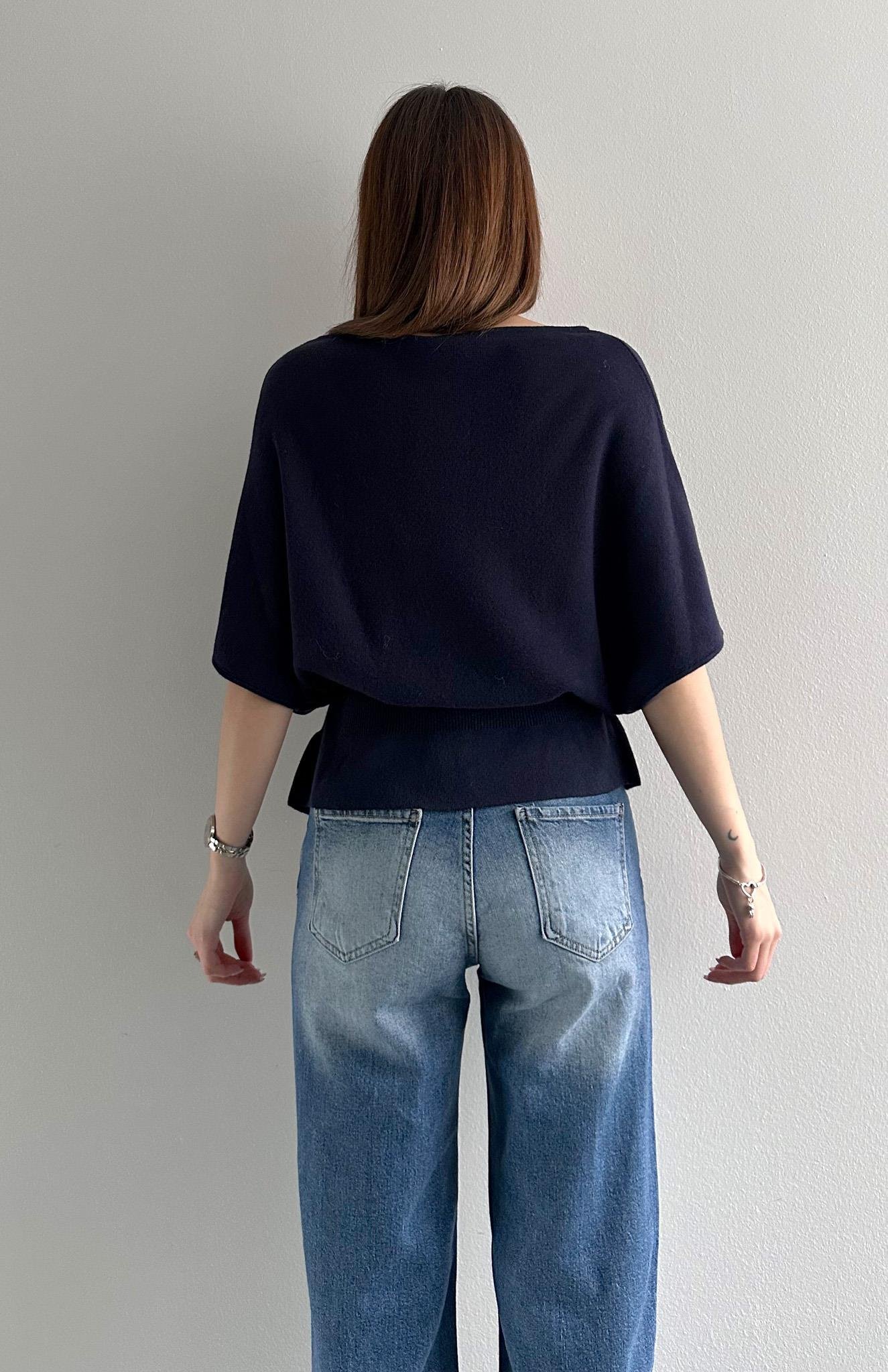 Kayık Yaka Yarasa Kol Kemerli Kazak LACİVERT