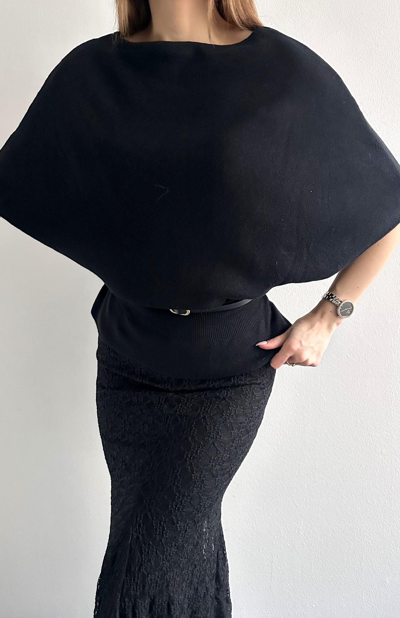 Kayık Yaka Yarasa Kol Kemerli Kazak SİYAH